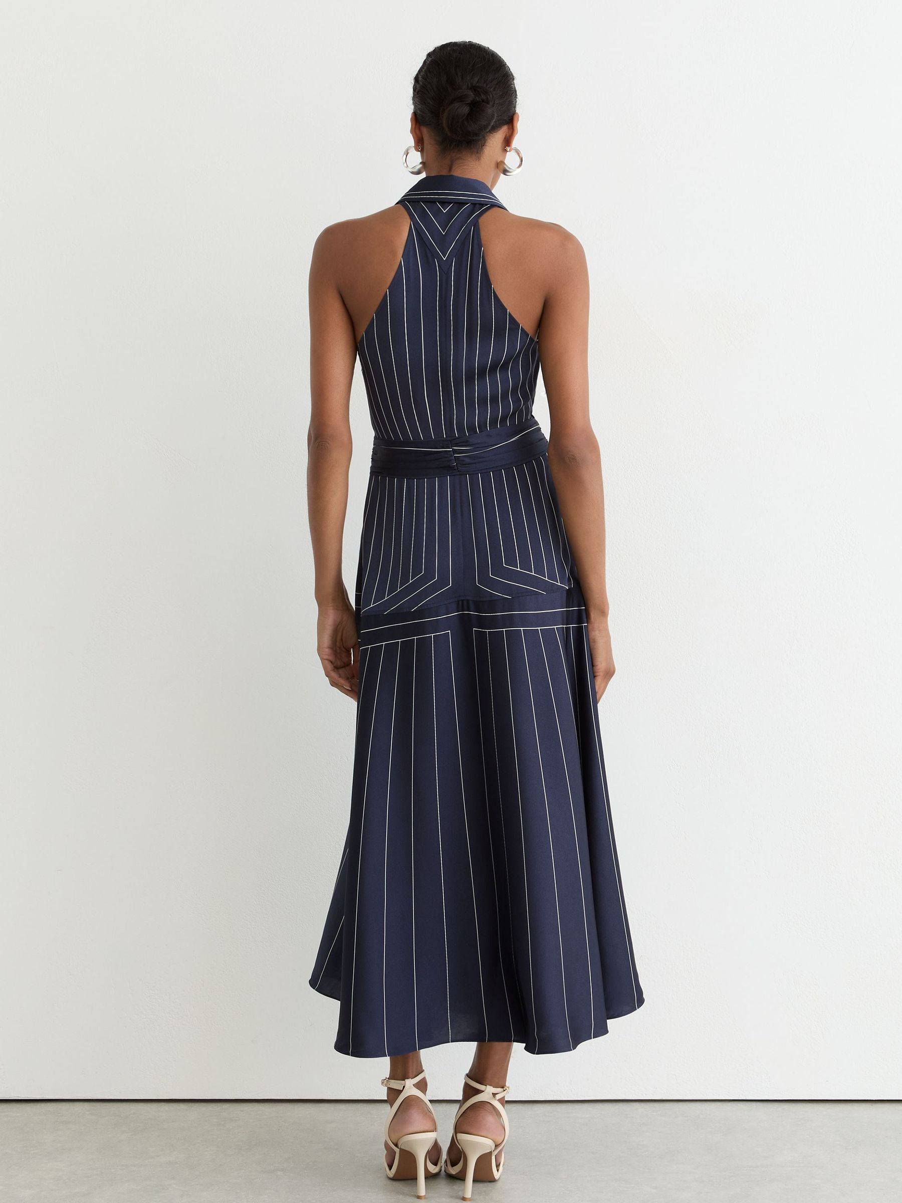 Striped Sleeveless Collared Midi Dress in Navy - Image 5 of 7
