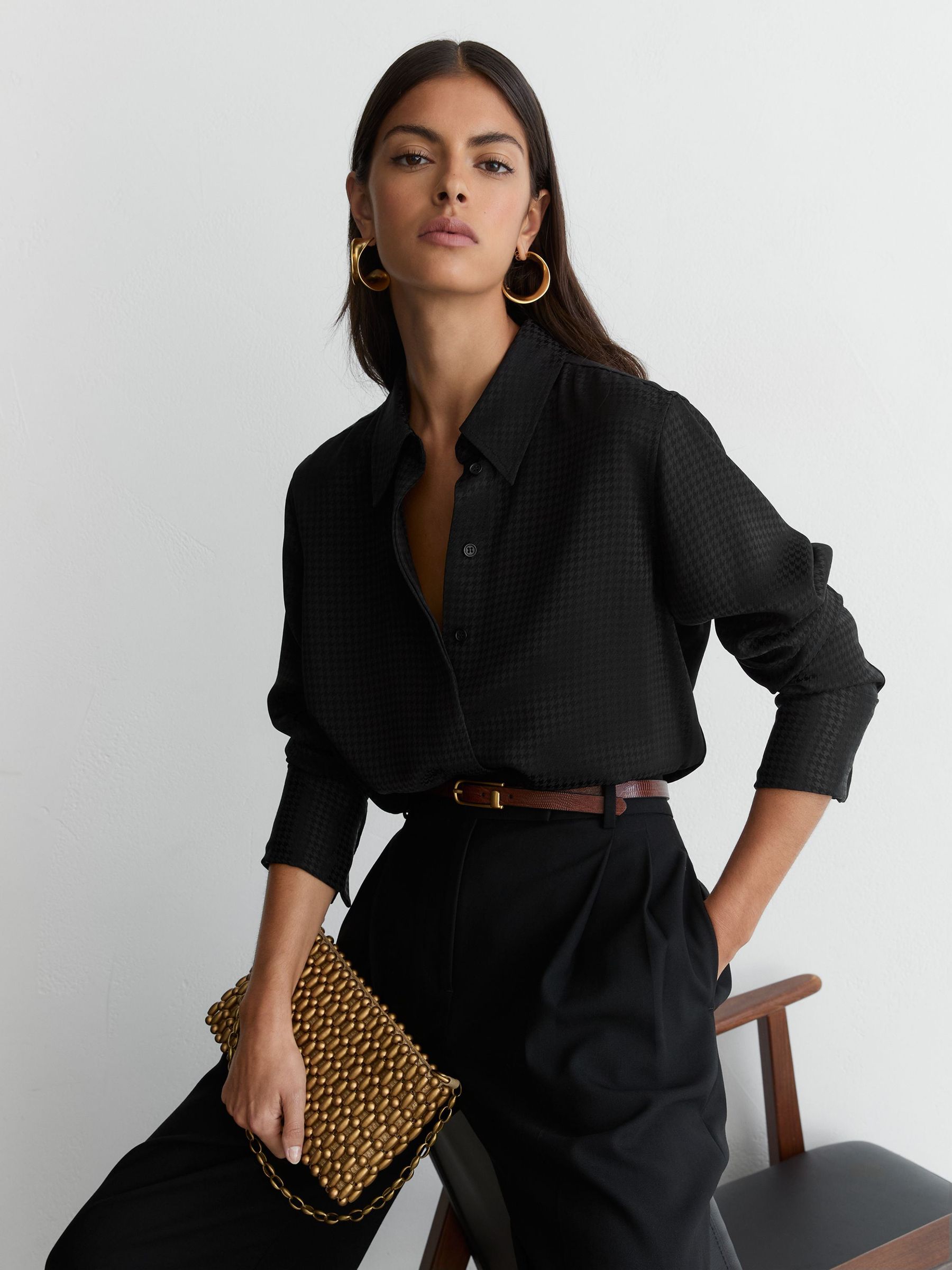Houndstooth-Check Jacquard Shirt in Black - Image 1 of 7 Houndstooth-Check Jacquard Shirt in Black - Image 1 of 7