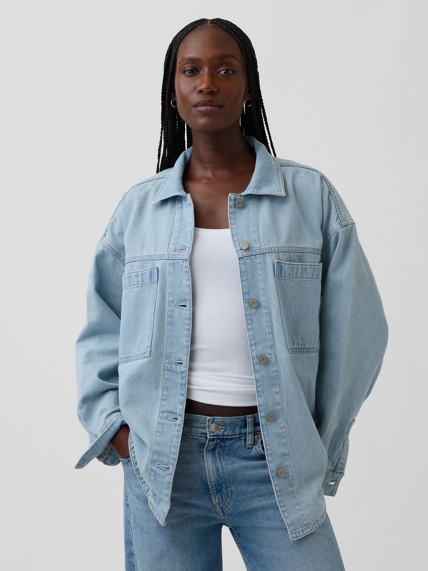 Light Wash Blue Oversized Denim Shirt Jacket - Image 1 of 4