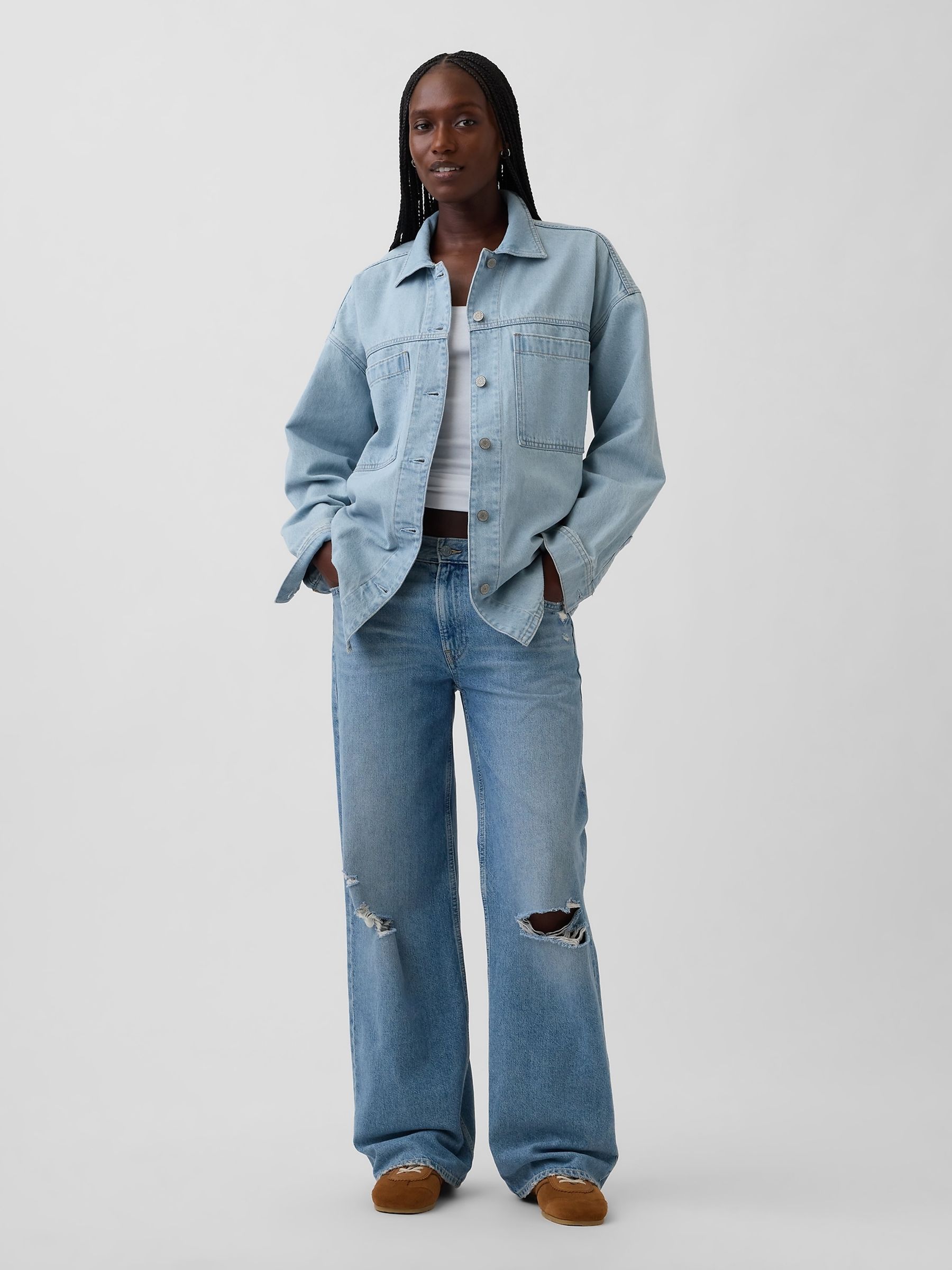 Light Wash Blue Oversized Denim Shirt Jacket - Image 3 of 4