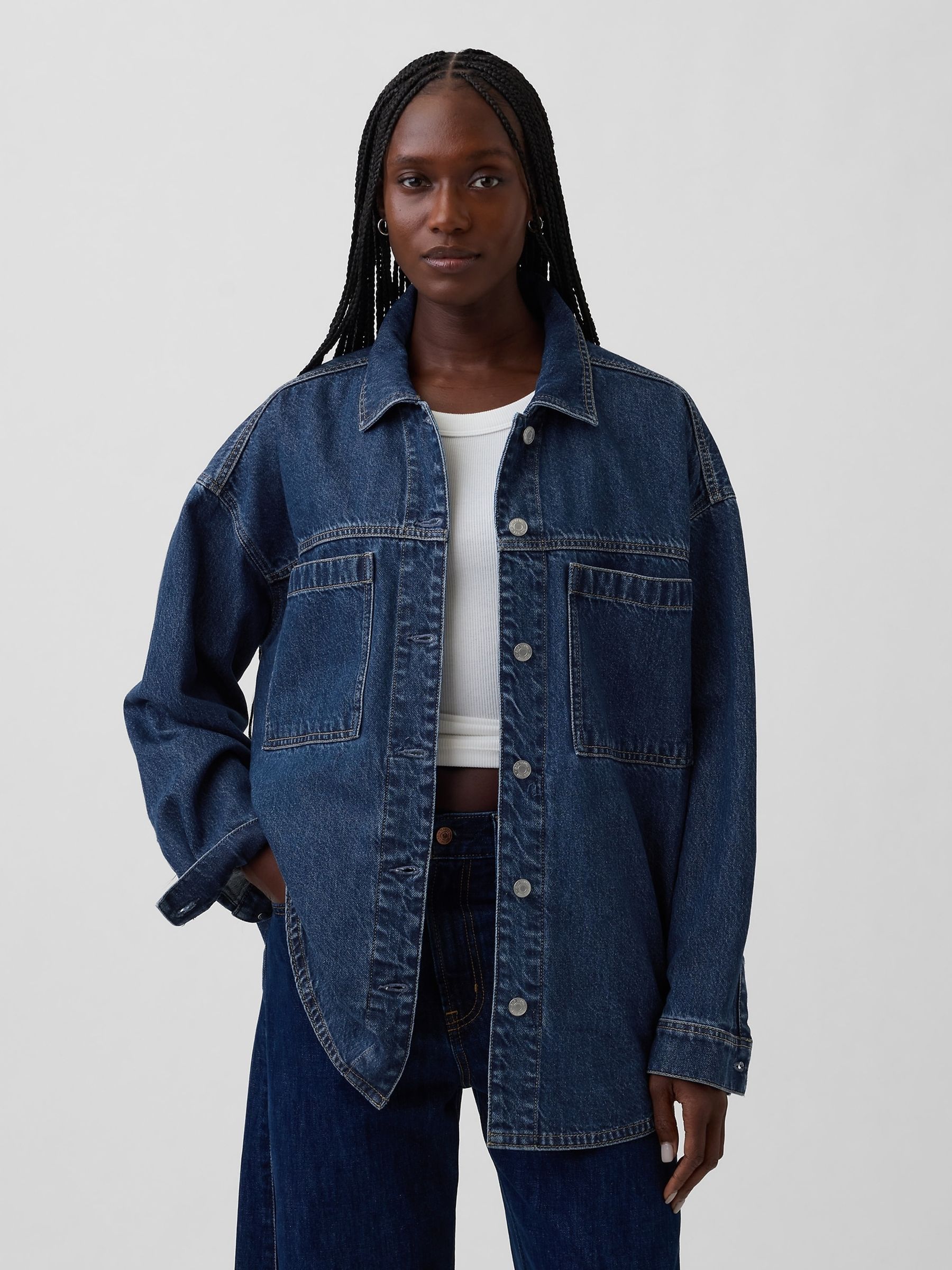 Dark Wash Blue Oversized Denim Shirt Jacket - Image 1 of 4