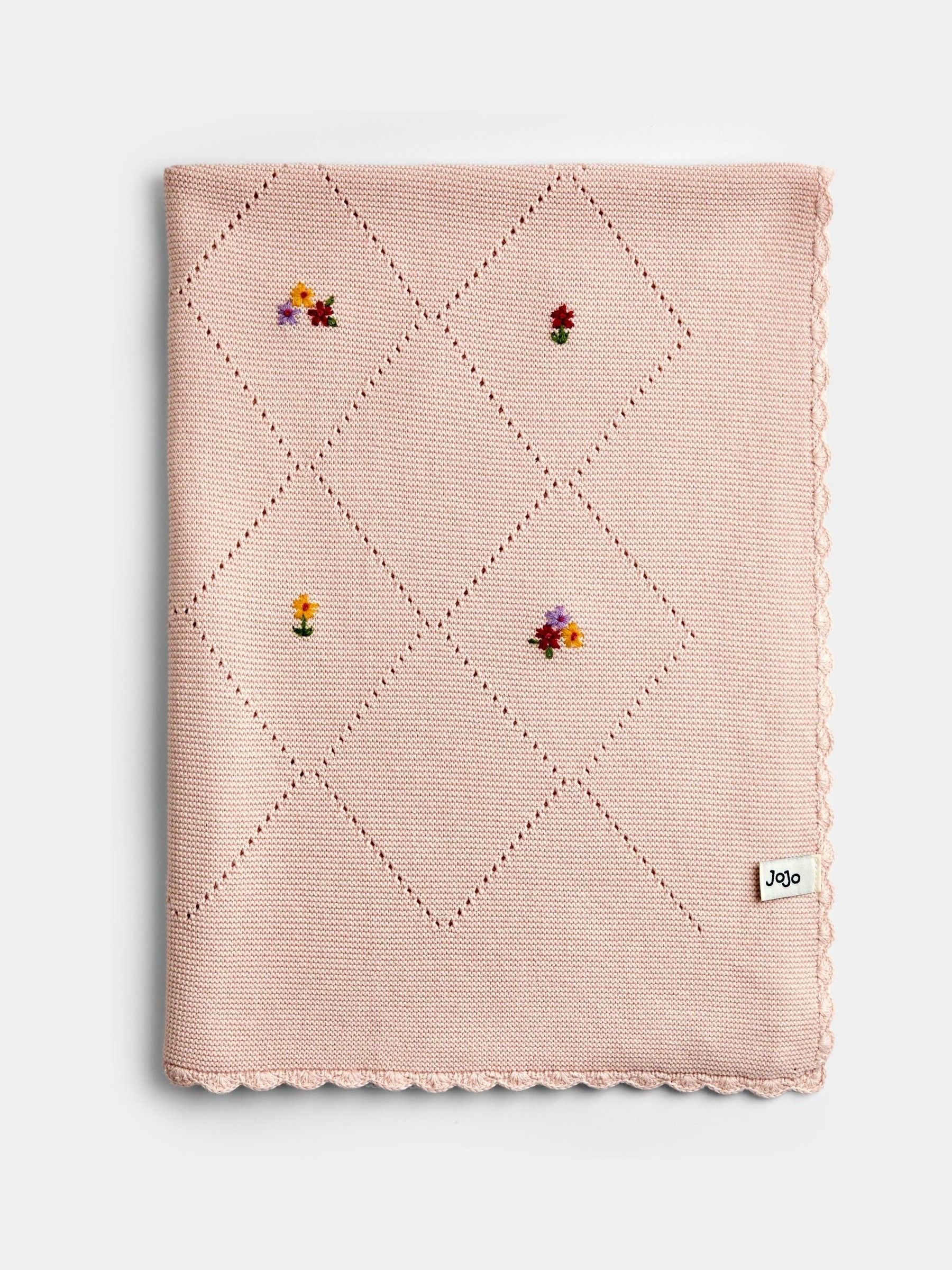 Light Pink Floral Embroidered Baby Knitted Shawl Blanket - Image 1 of 4 Light Pink Floral Embroidered Baby Knitted Shawl Blanket - Image 1 of 4