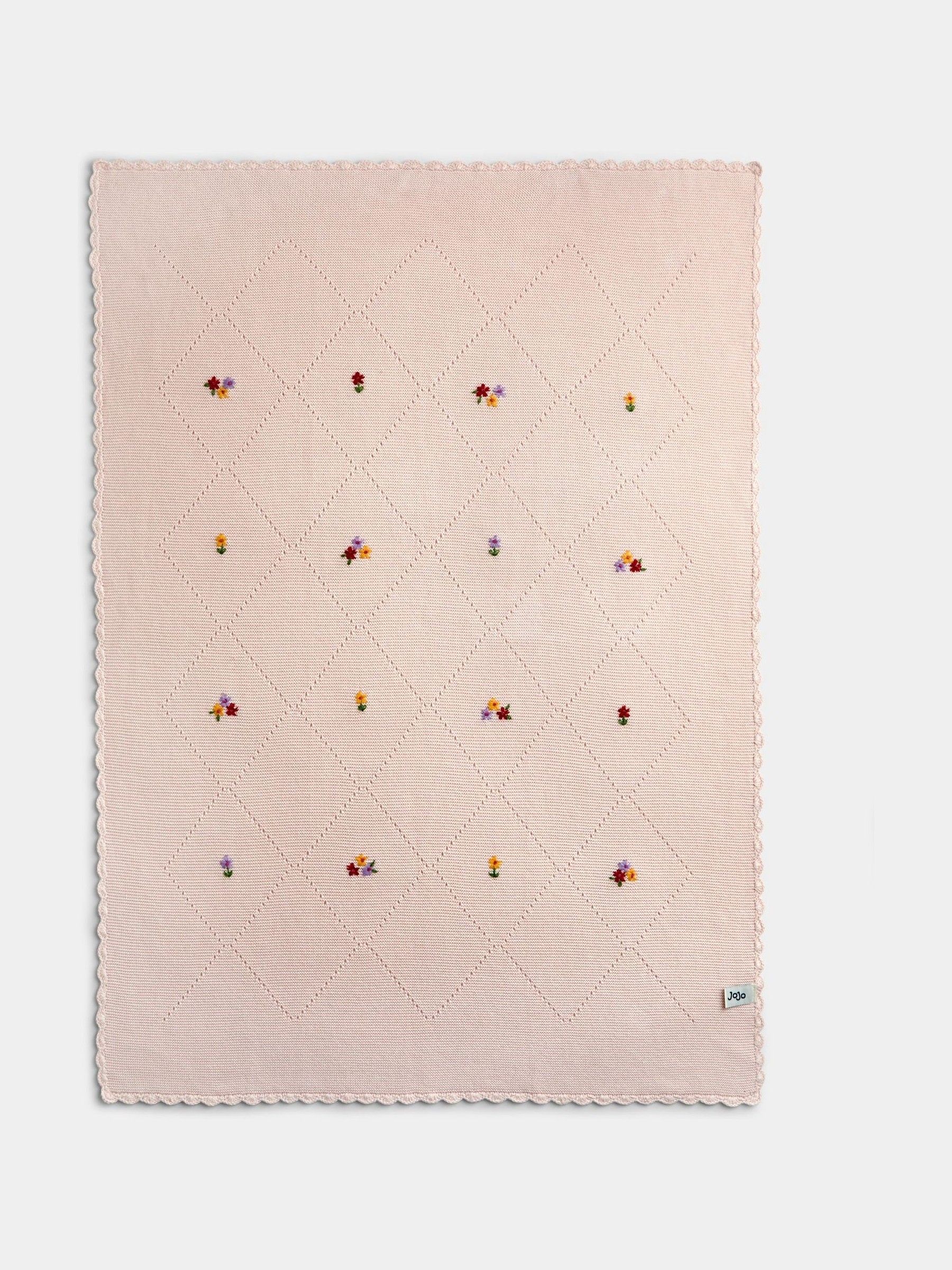 Light Pink Floral Embroidered Baby Knitted Shawl Blanket - Image 2 of 4 Light Pink Floral Embroidered Baby Knitted Shawl Blanket - Image 2 of 4