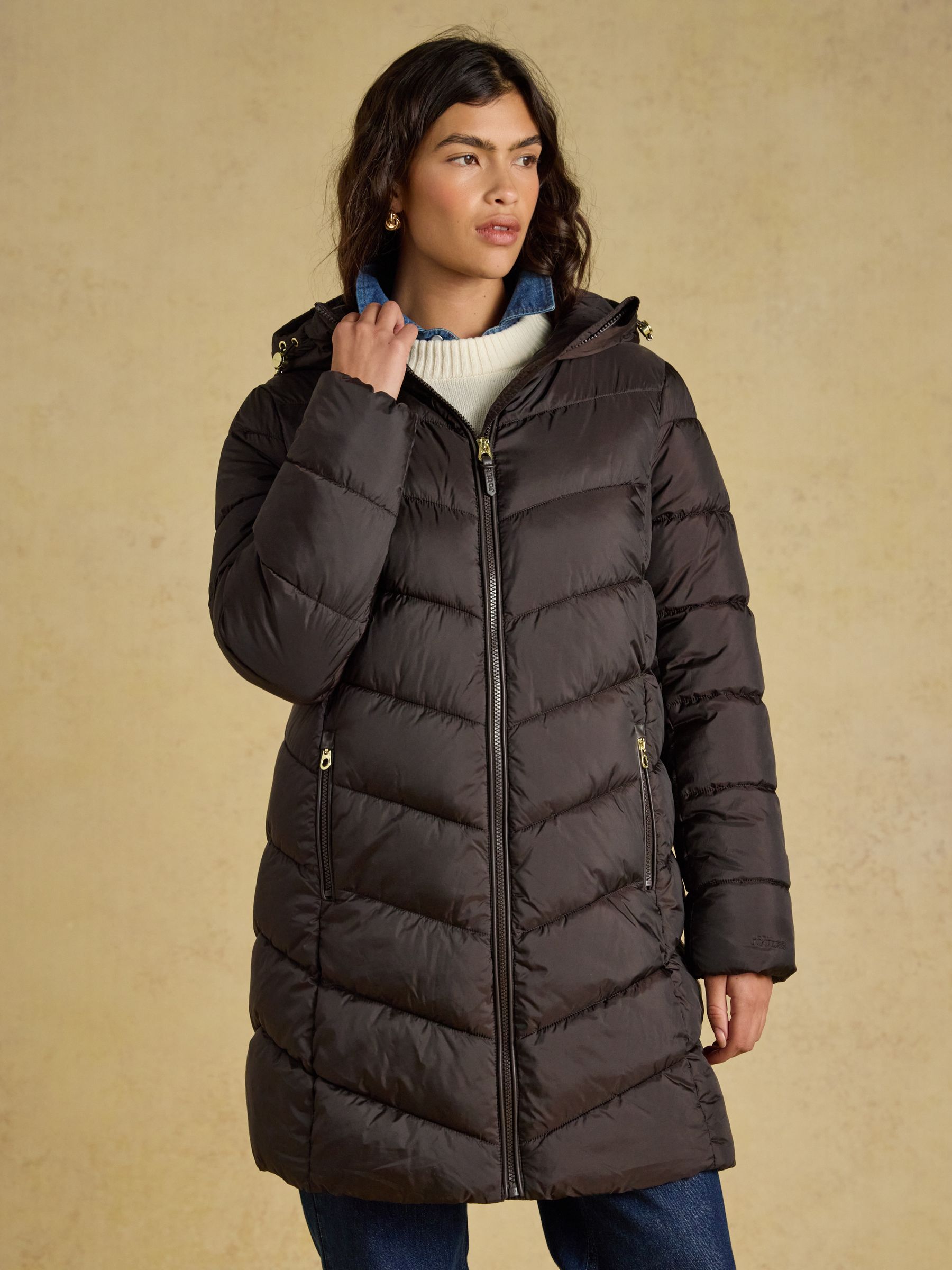 Moorsdale Chocolate Brown Mid Length Showerproof Padded Coat with Hood - Image 1 of 9
