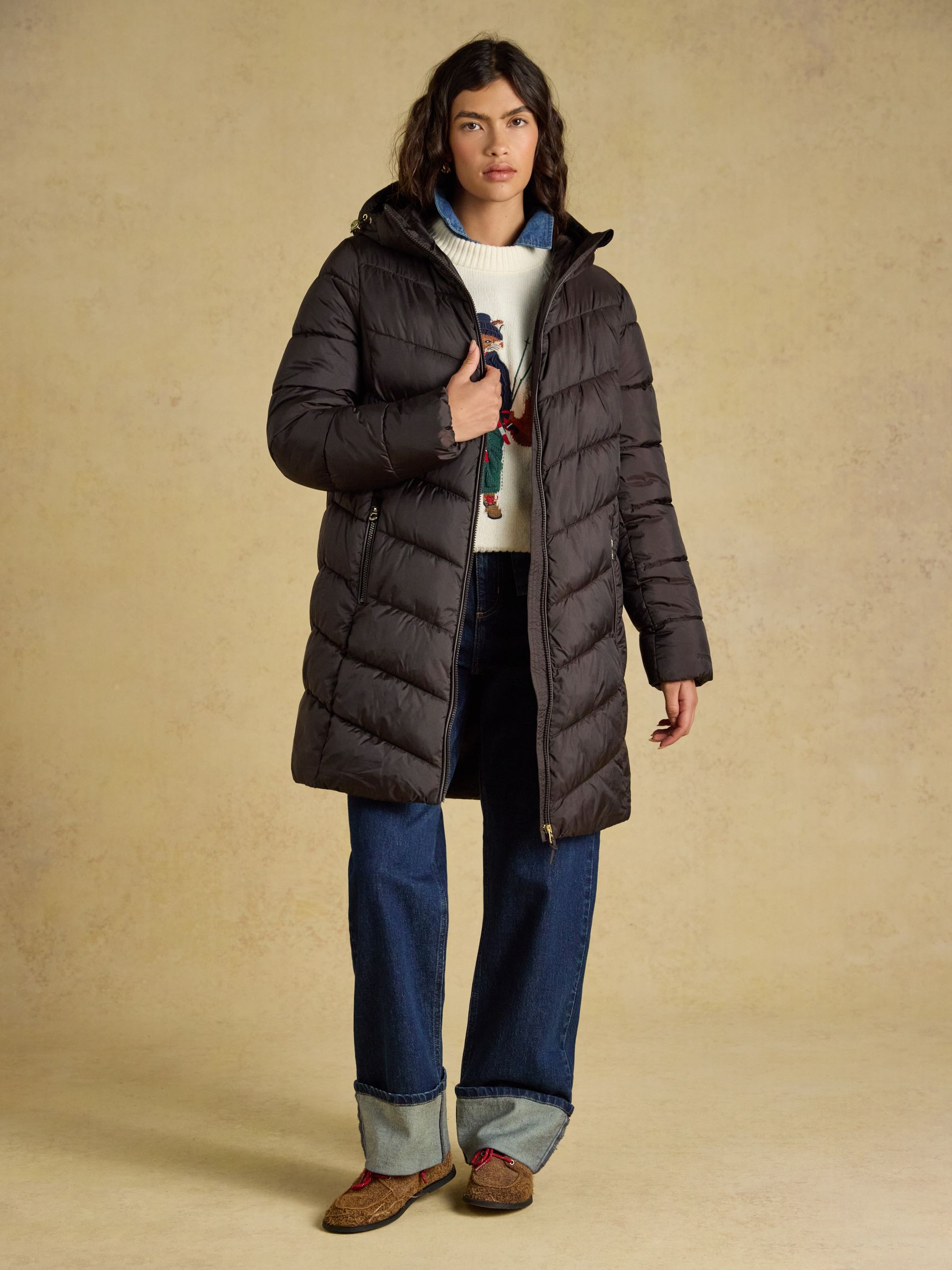 Moorsdale Chocolate Brown Mid Length Showerproof Padded Coat with Hood - Image 3 of 9