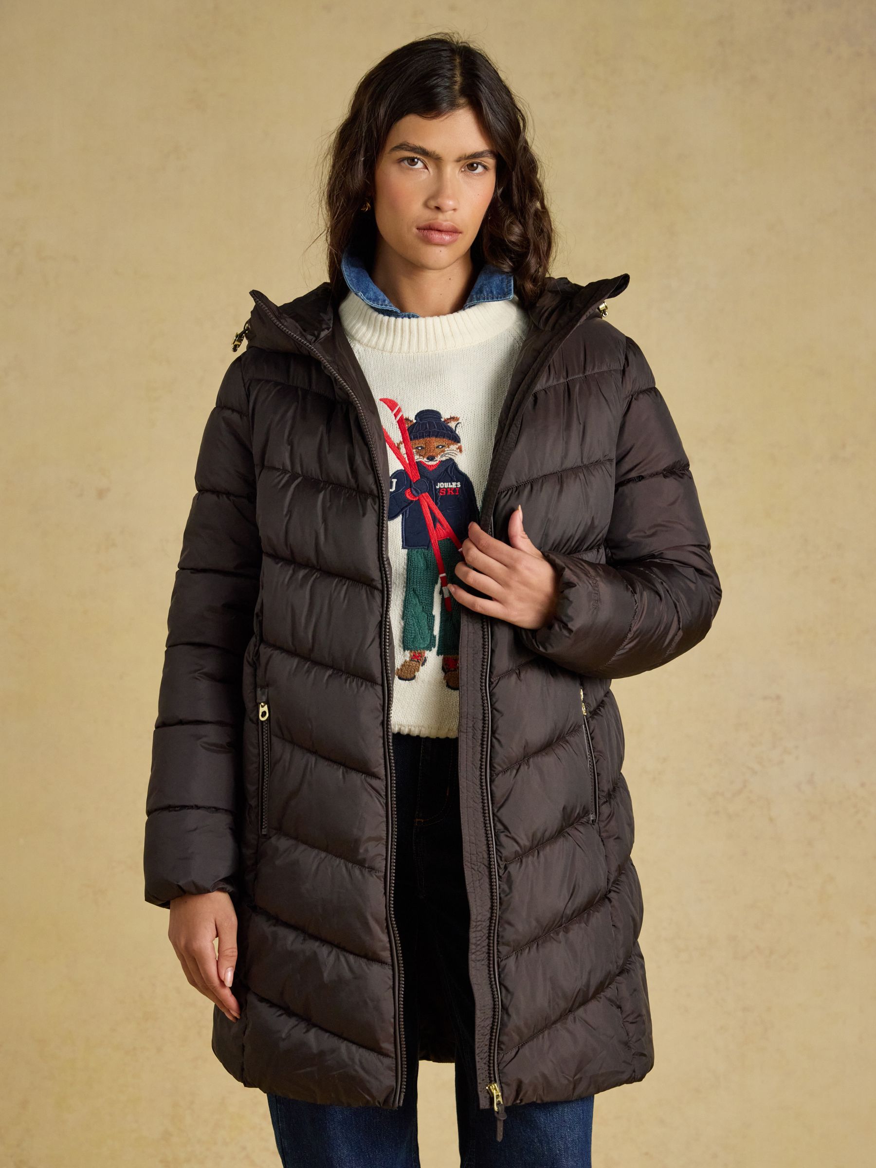Moorsdale Chocolate Brown Mid Length Showerproof Padded Coat with Hood - Image 6 of 9