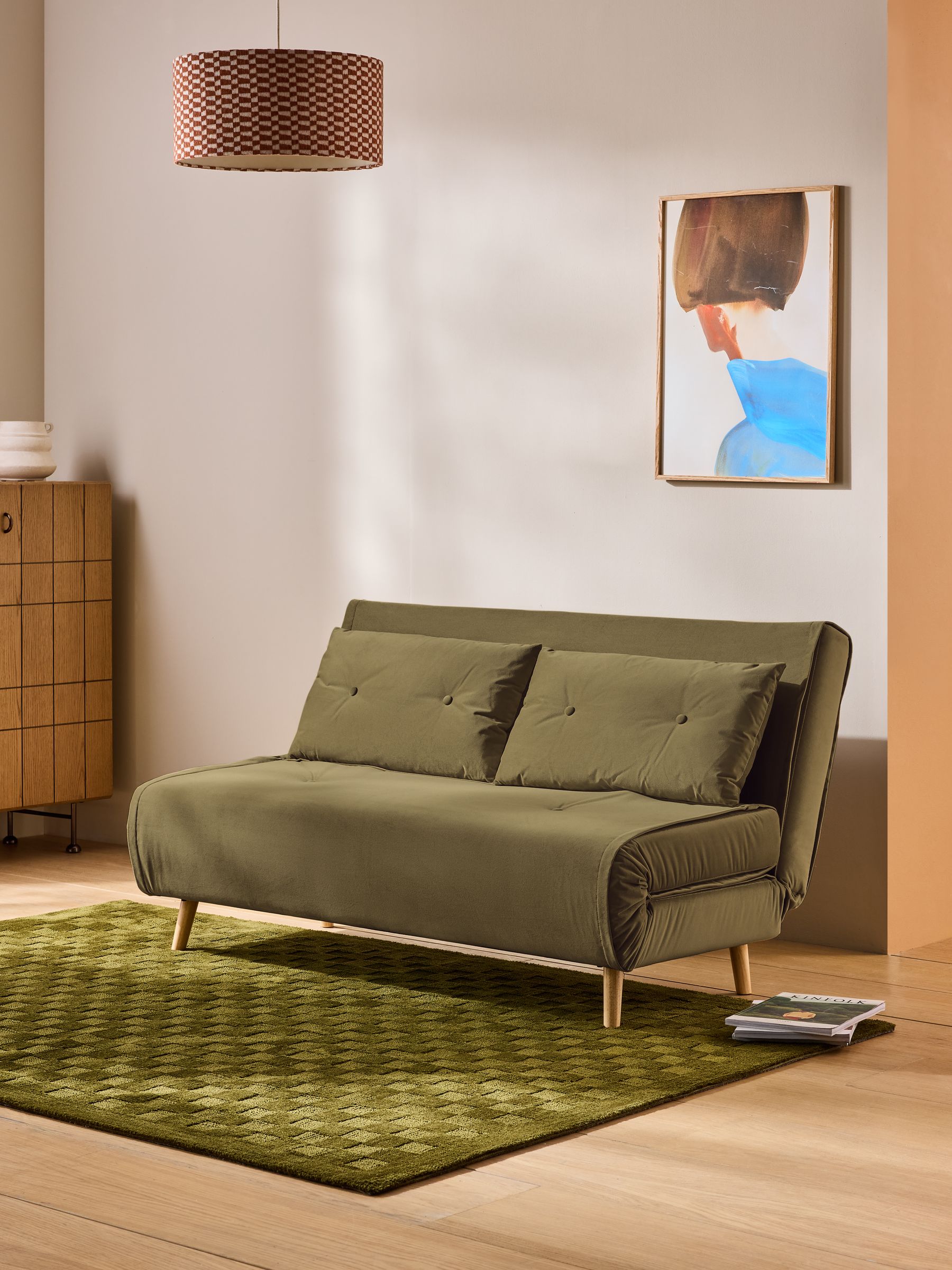 Large Haru 2 Seater Sofa Bed in Fern Green Velvet - Image 1 of 6 Large Haru 2 Seater Sofa Bed in Fern Green Velvet - Image 1 of 6