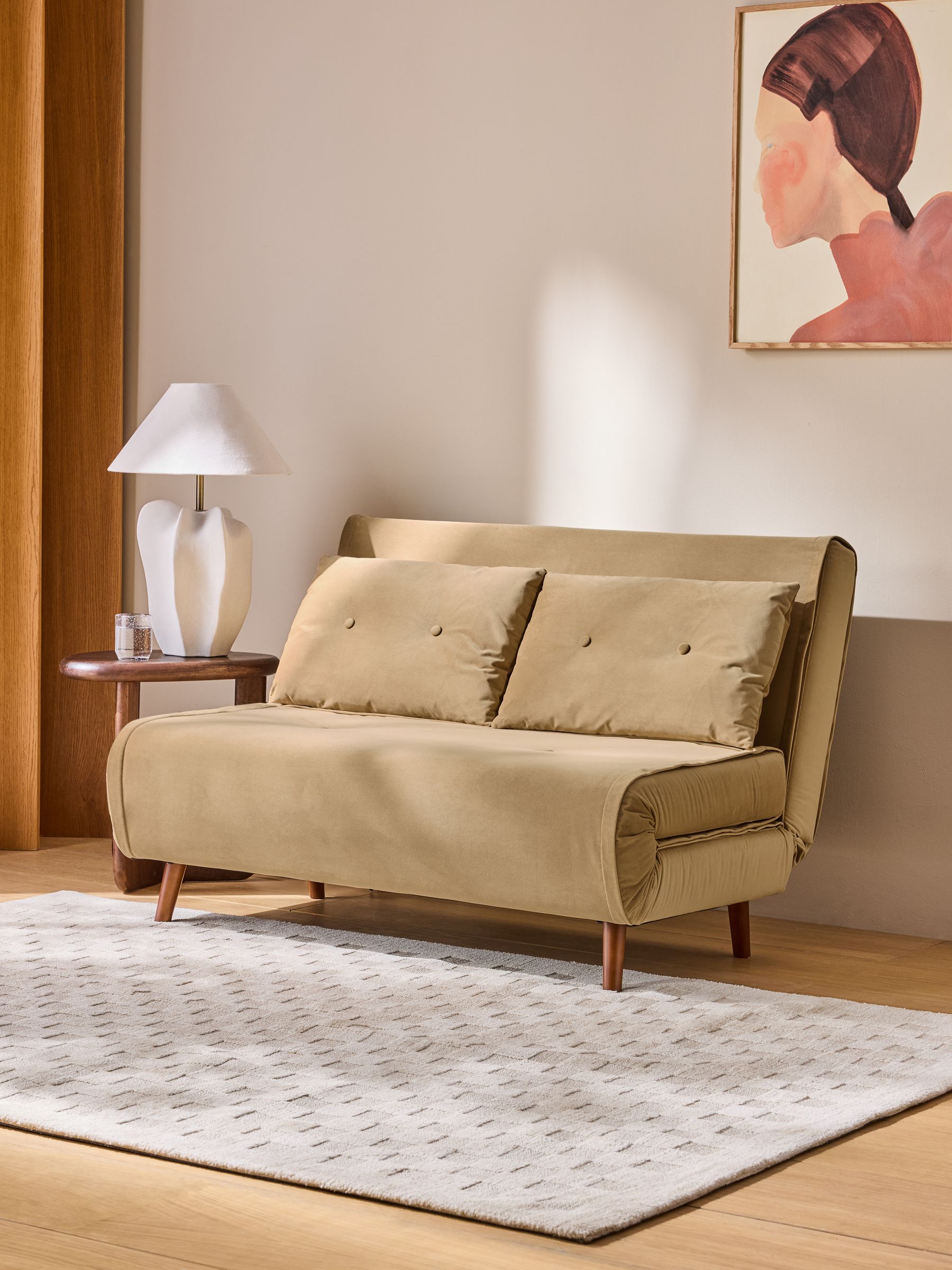 Regular Haru 2 Seater Sofa Bed in Caramel Natural Velvet - Image 1 of 6