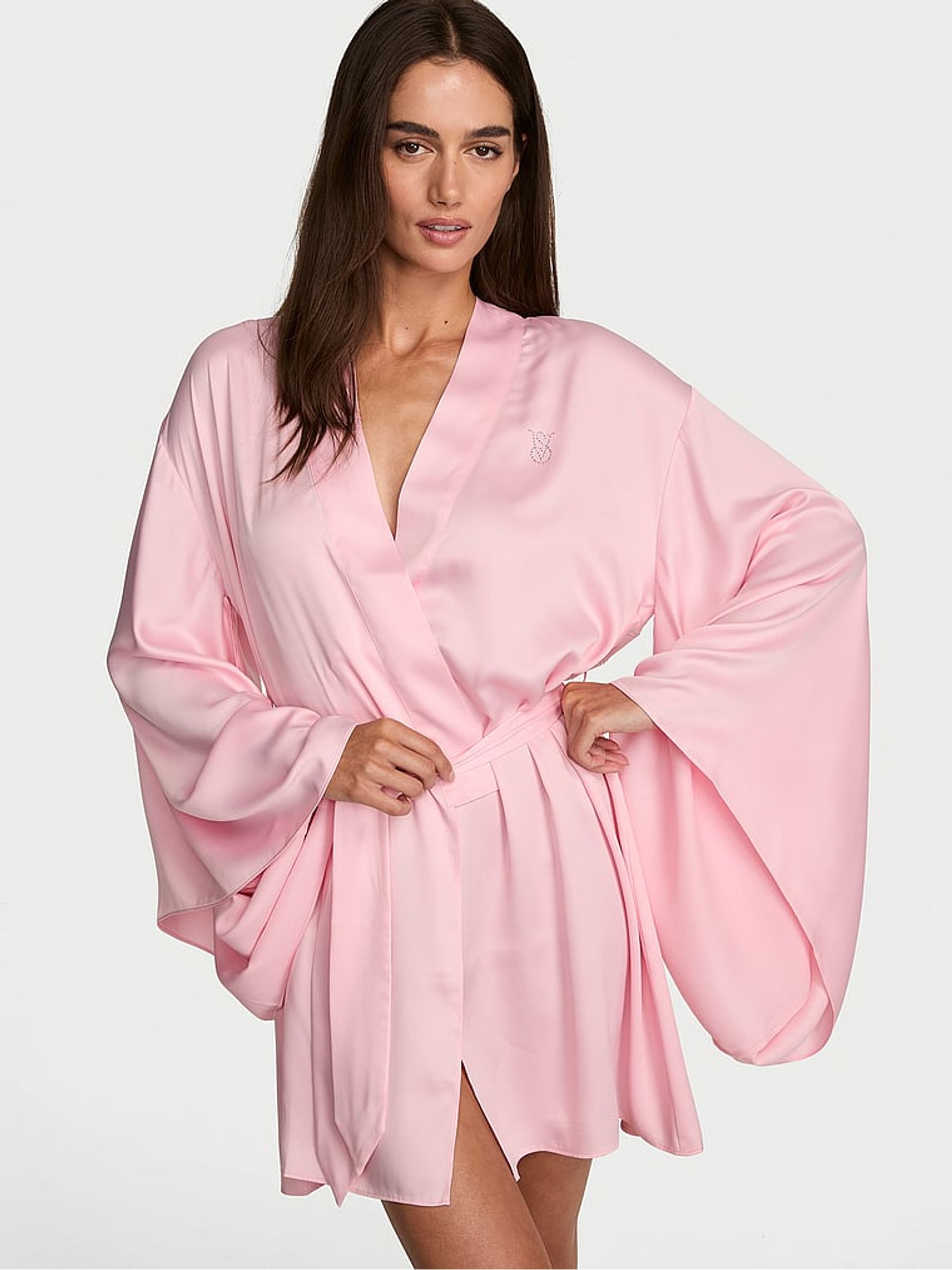 Pretty Blossom Pink Fashion Show Satin Wide Sleeve Robe - Image 2 of 4 Pretty Blossom Pink Fashion Show Satin Wide Sleeve Robe - Image 2 of 4