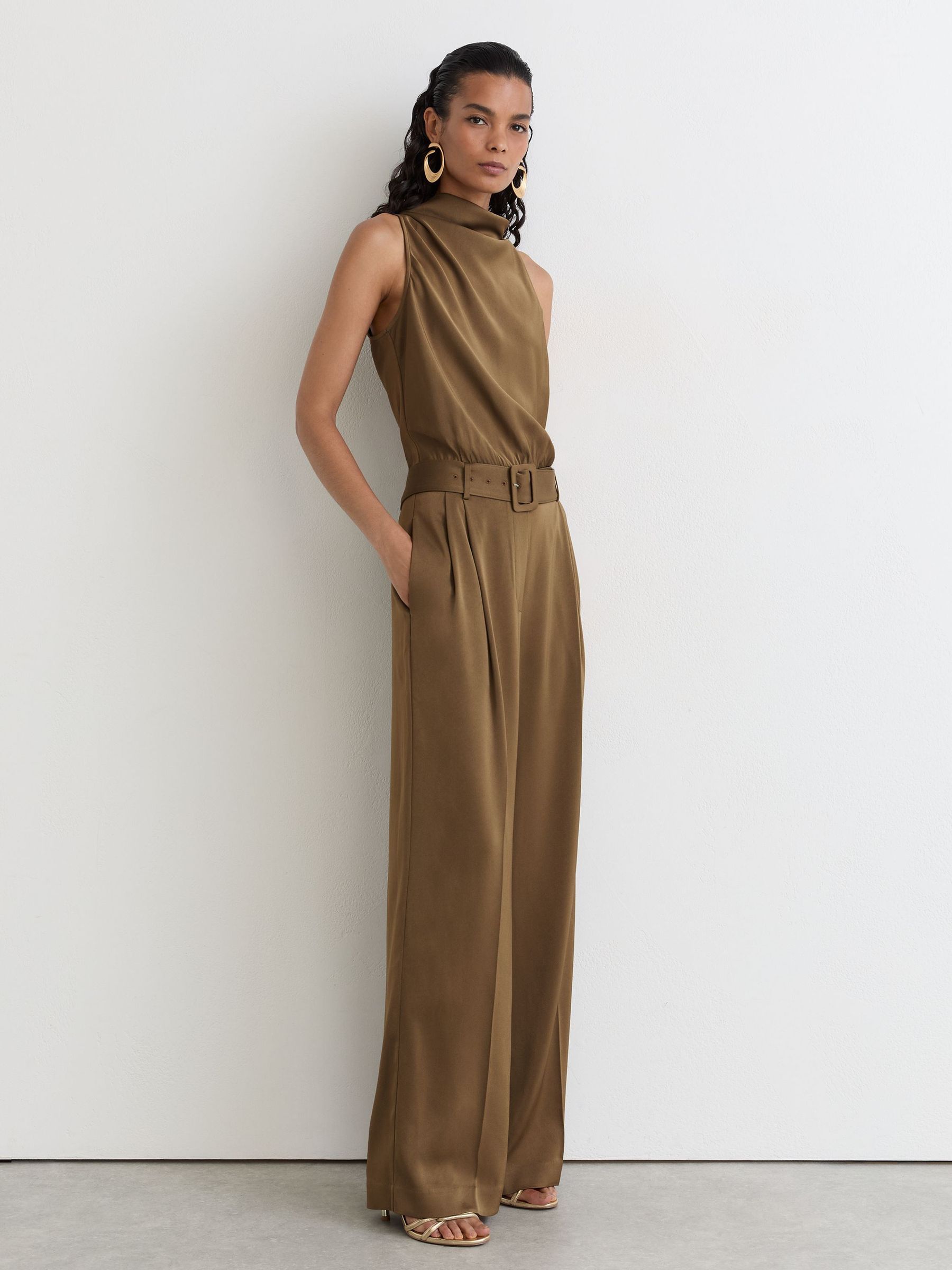 Petite Satin Cowl-Neck Wide-Leg Jumpsuit in Khaki Green - Image 1 of 8