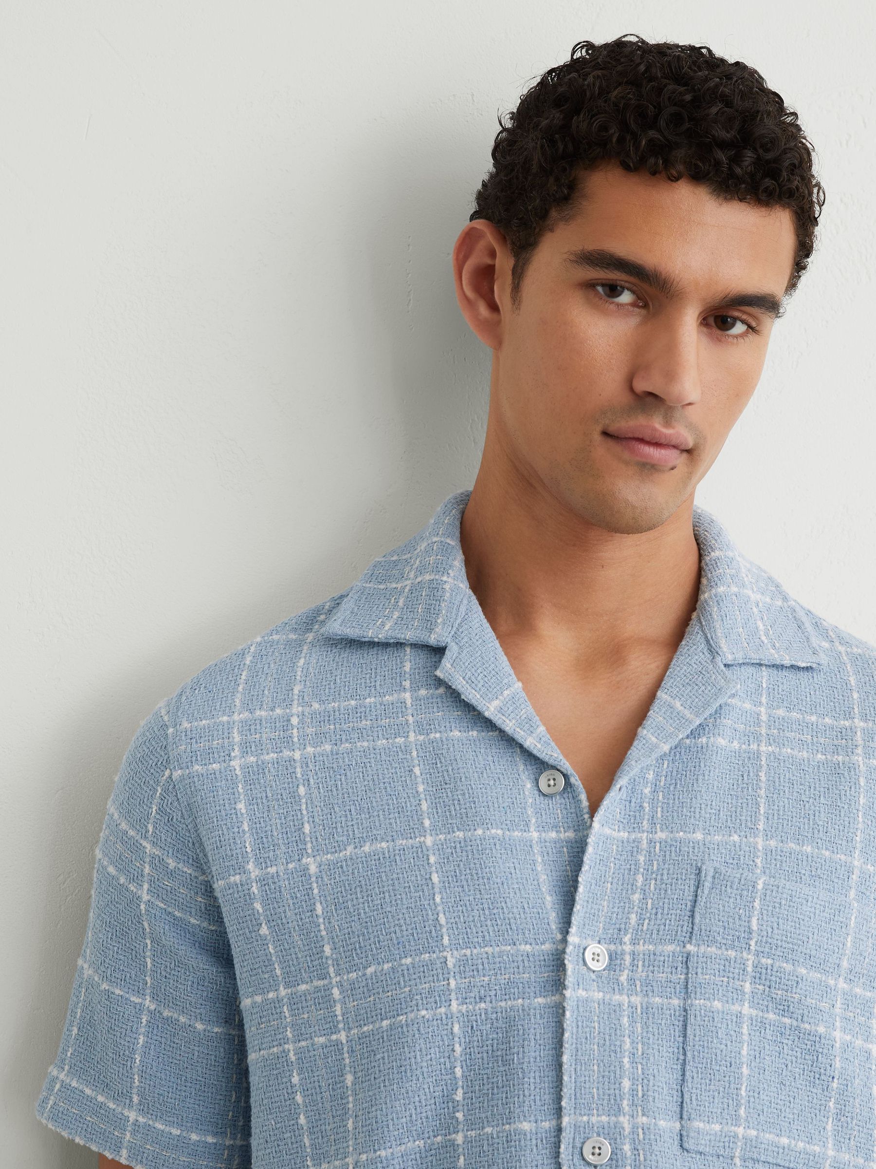 Textured Check Cuban-Collar Shirt with Cotton in Soft Blue/White - Image 1 of 7