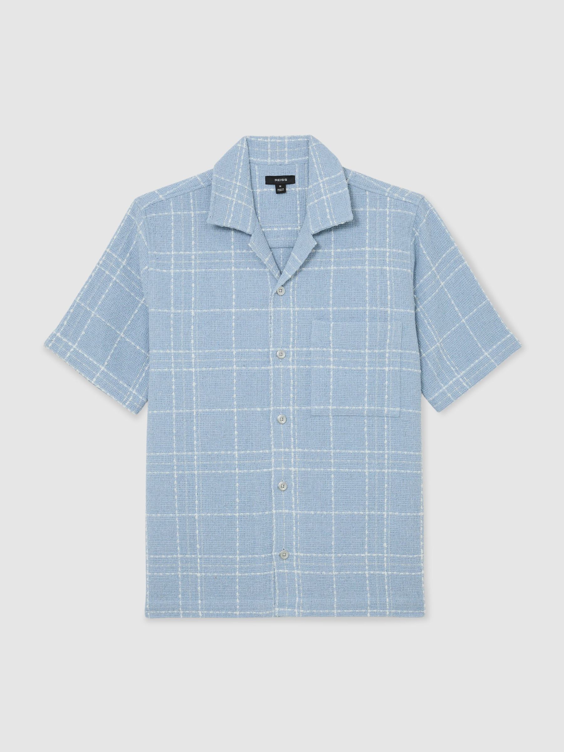 Textured Check Cuban-Collar Shirt with Cotton in Soft Blue/White - Image 2 of 7