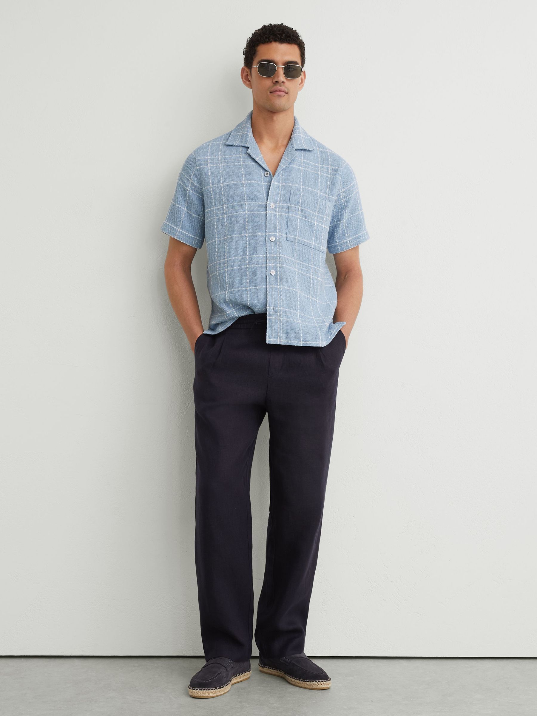 Textured Check Cuban-Collar Shirt with Cotton in Soft Blue/White - Image 3 of 7