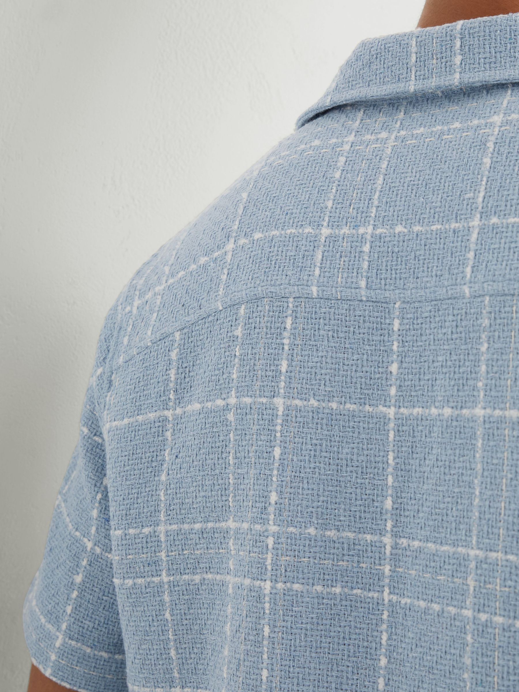 Textured Check Cuban-Collar Shirt with Cotton in Soft Blue/White - Image 4 of 7