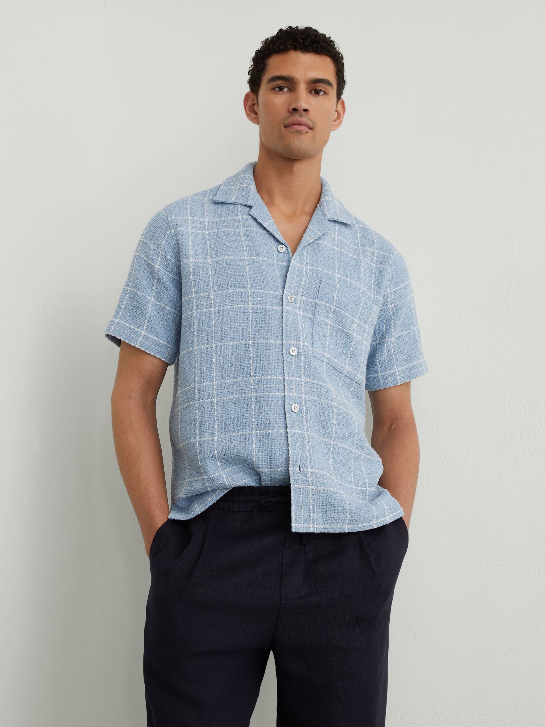 Textured Check Cuban-Collar Shirt with Cotton in Soft Blue/White - Image 5 of 7