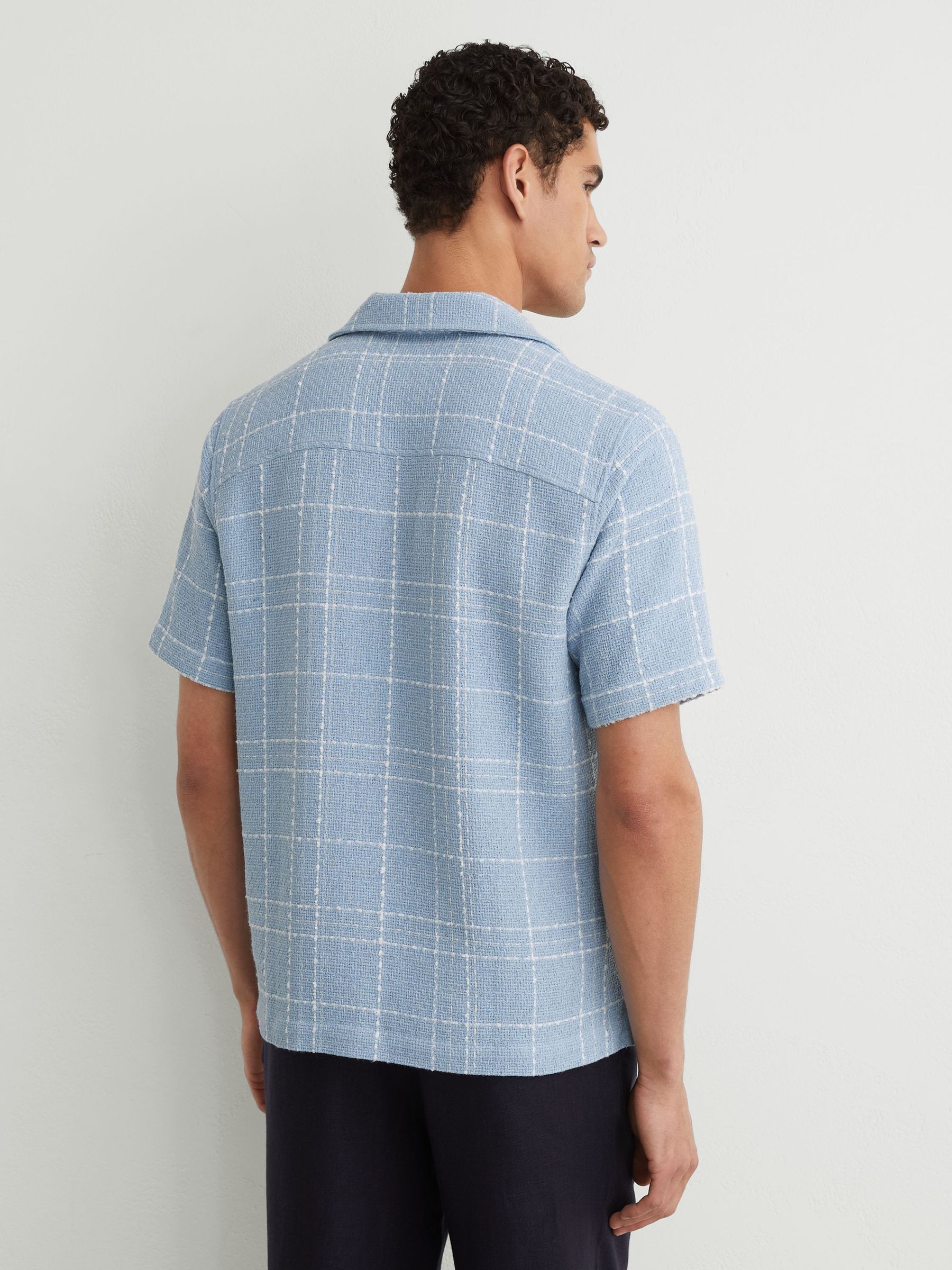 Textured Check Cuban-Collar Shirt with Cotton in Soft Blue/White - image 5