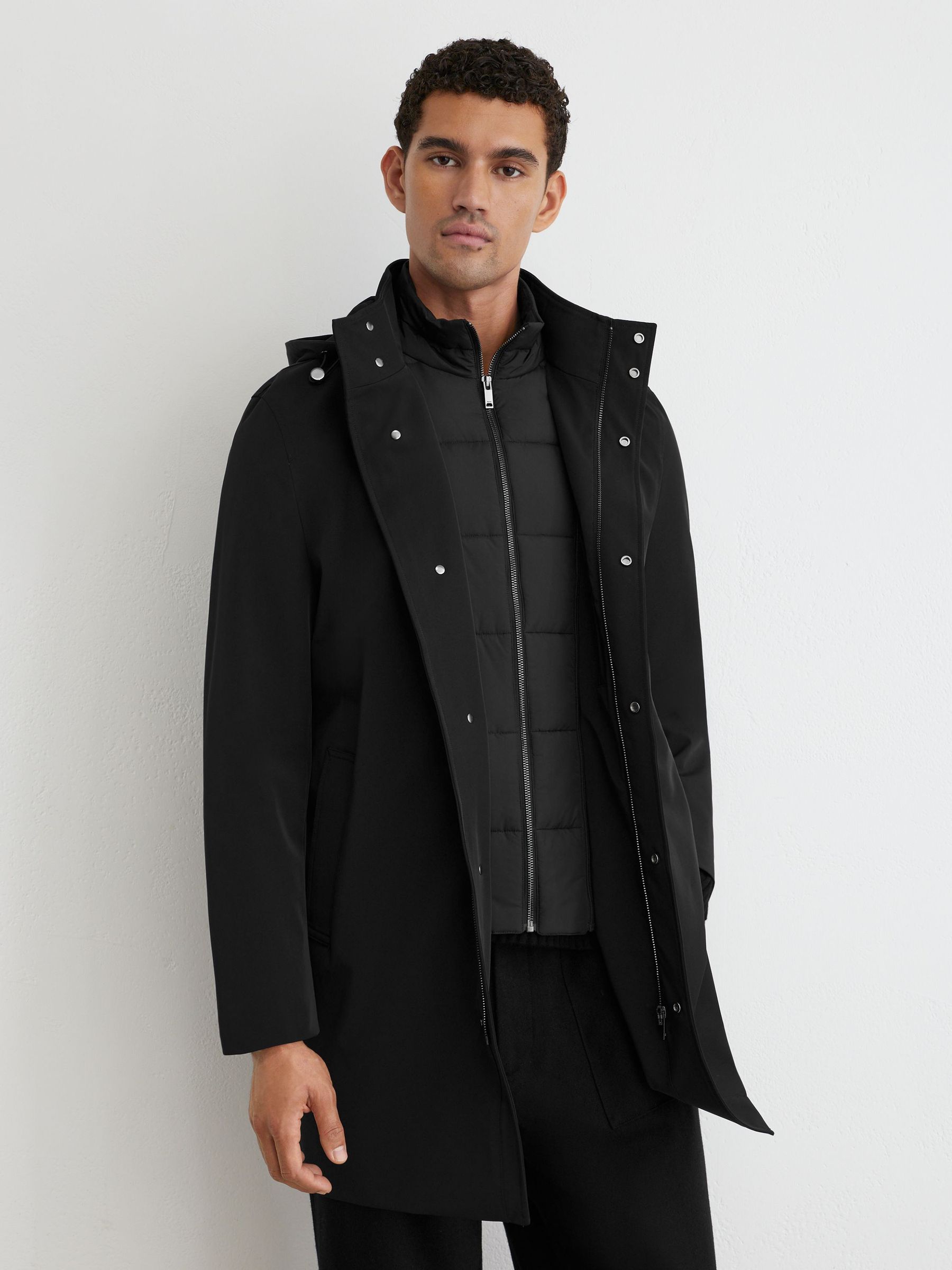 Hybrid Gilet-Insert Overcoat with Detachable Hood in Black - Image 1 of 8