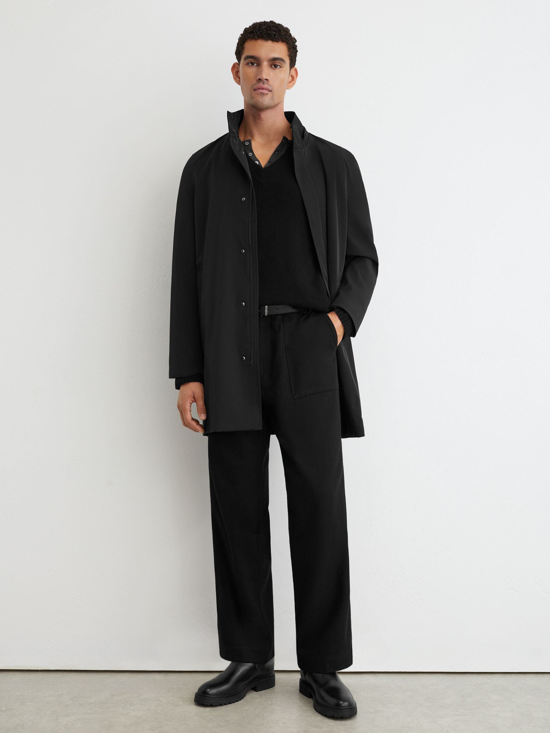 Hybrid Gilet-Insert Overcoat with Detachable Hood in Black - Image 3 of 8
