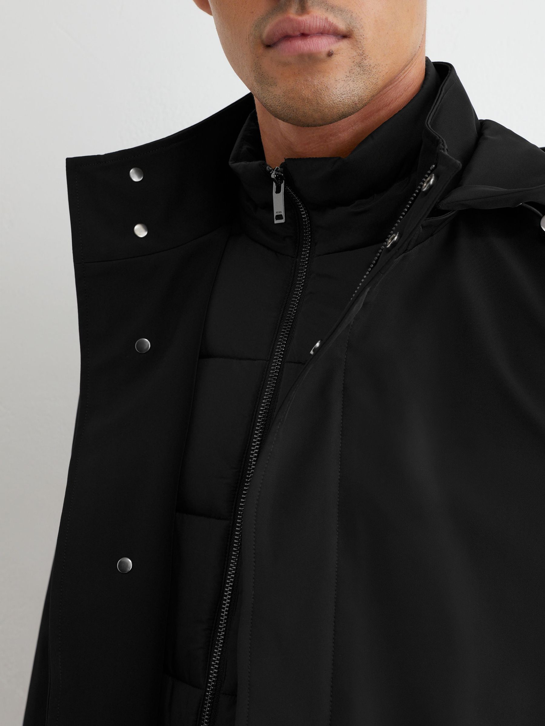 Hybrid Gilet-Insert Overcoat with Detachable Hood in Black - Image 4 of 8