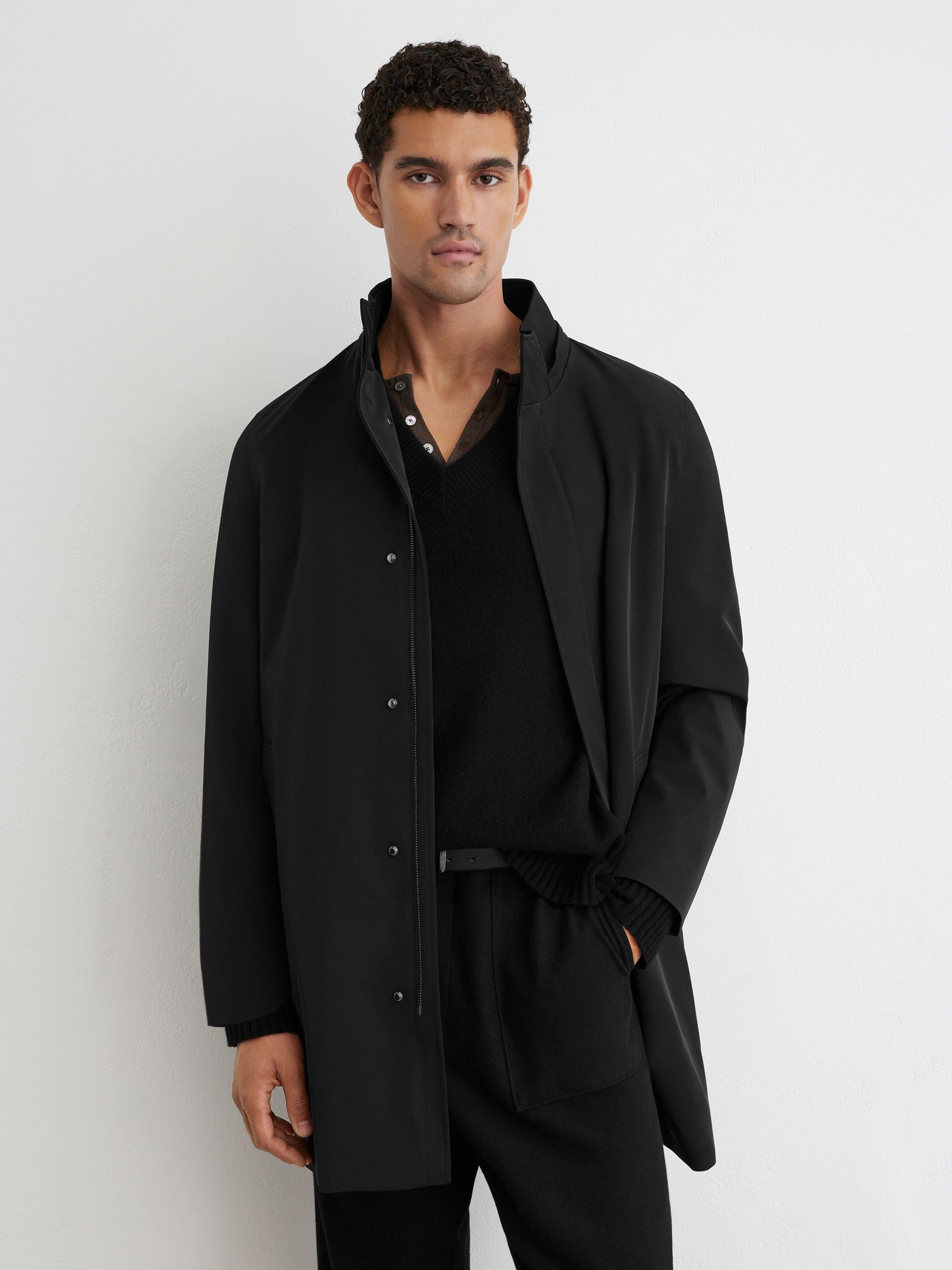 Hybrid Gilet-Insert Overcoat with Detachable Hood in Black - Image 6 of 8
