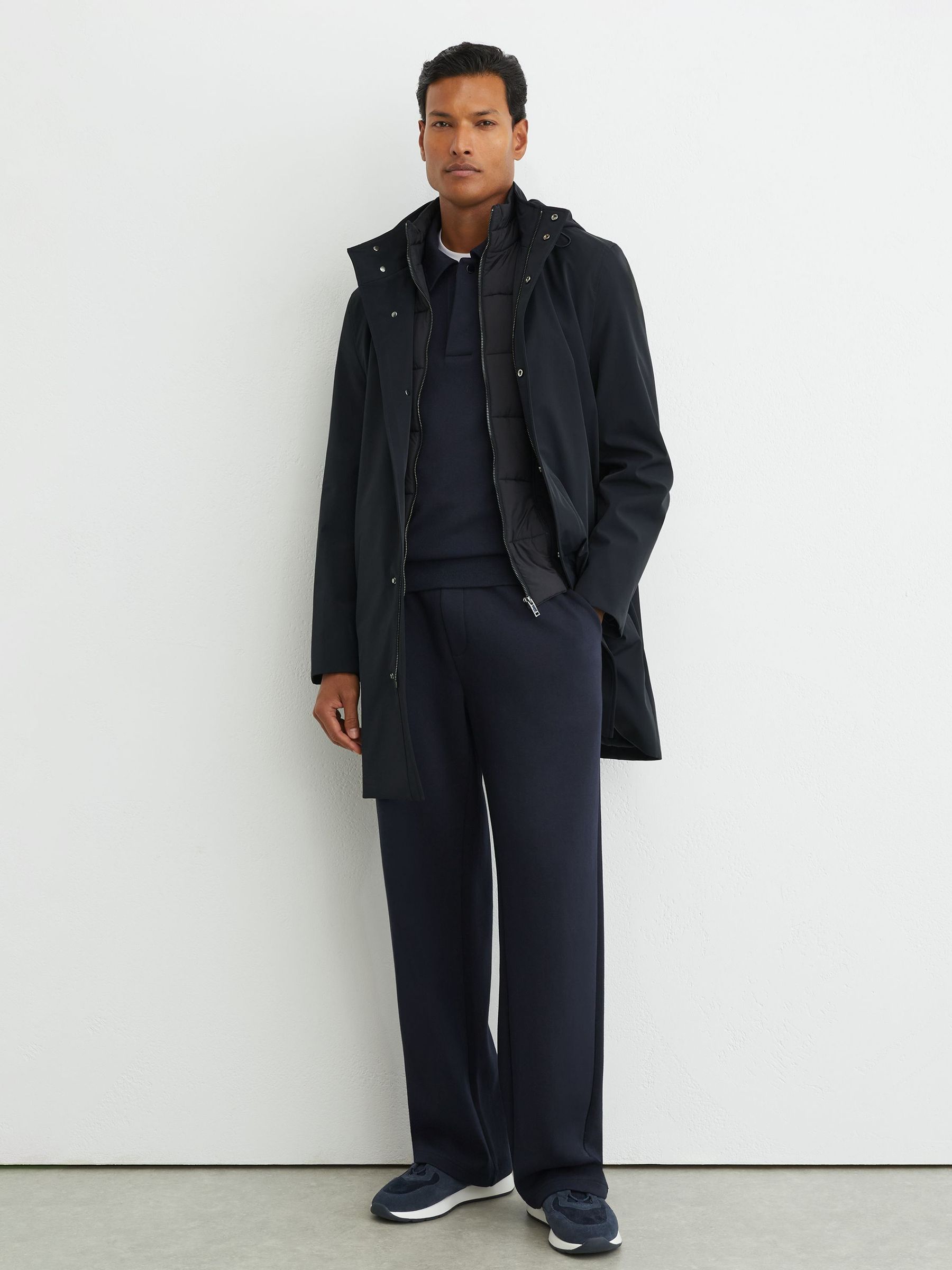 Hybrid Gilet-Insert Overcoat with Detachable Hood in Navy - Image 1 of 7