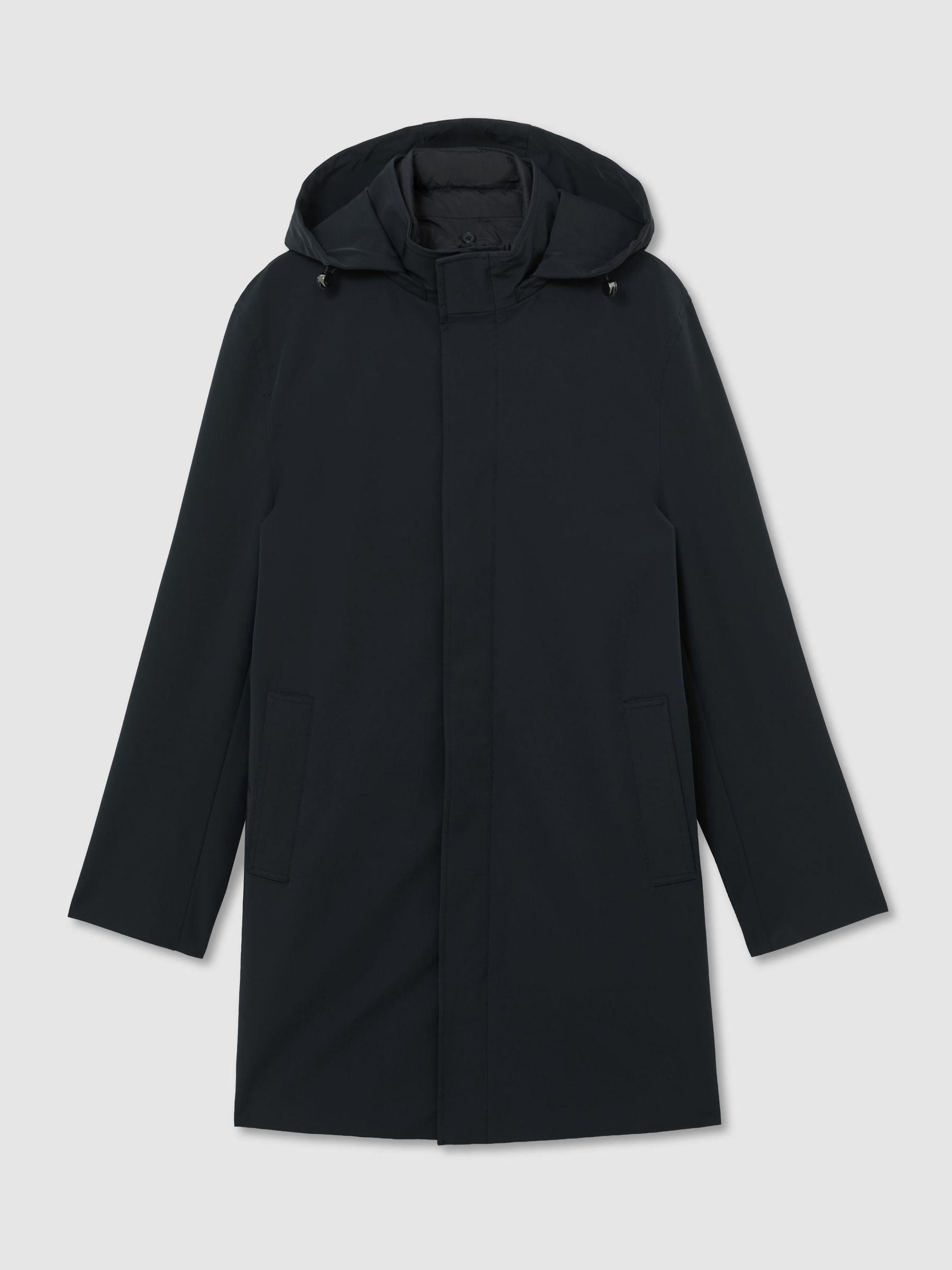 Hybrid Gilet-Insert Overcoat with Detachable Hood in Navy - Image 2 of 7