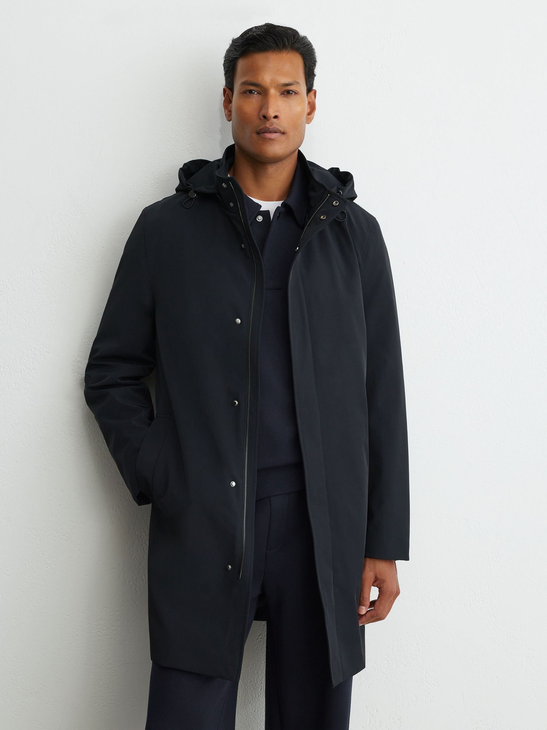 Hybrid Gilet-Insert Overcoat with Detachable Hood in Navy - Image 3 of 7