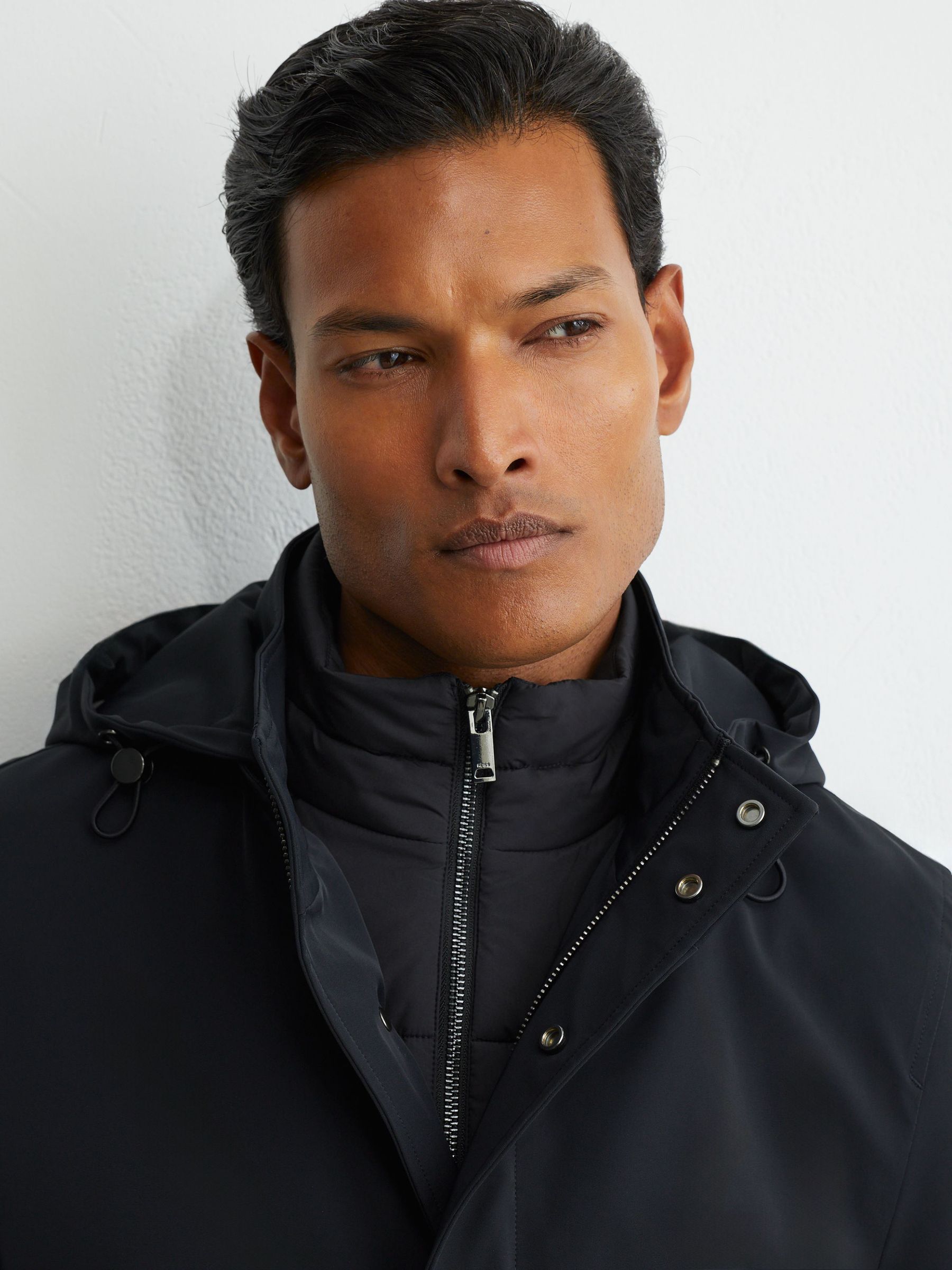 Hybrid Gilet-Insert Overcoat with Detachable Hood in Navy - Image 4 of 7