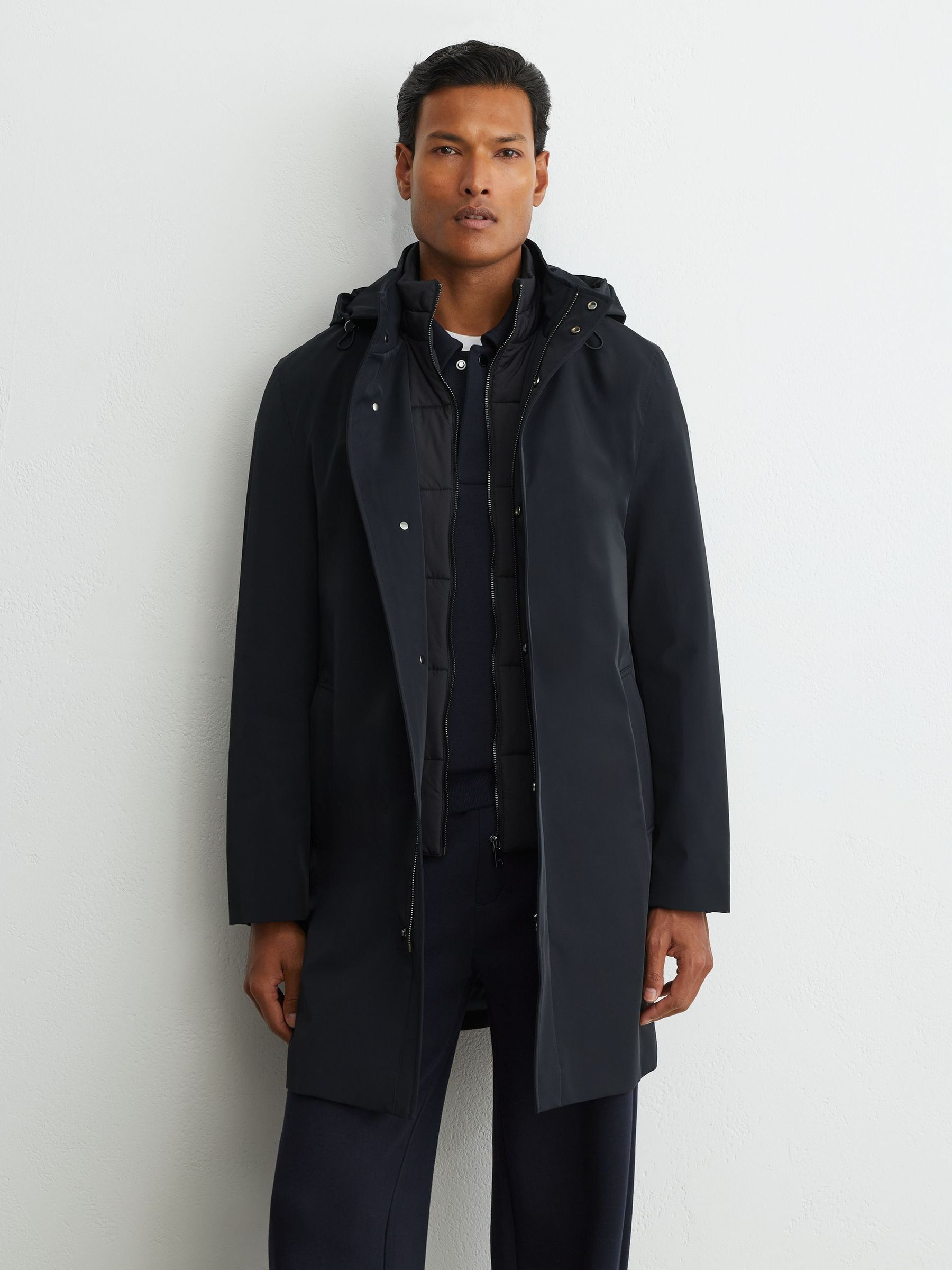 Hybrid Gilet-Insert Overcoat with Detachable Hood in Navy - Image 5 of 7