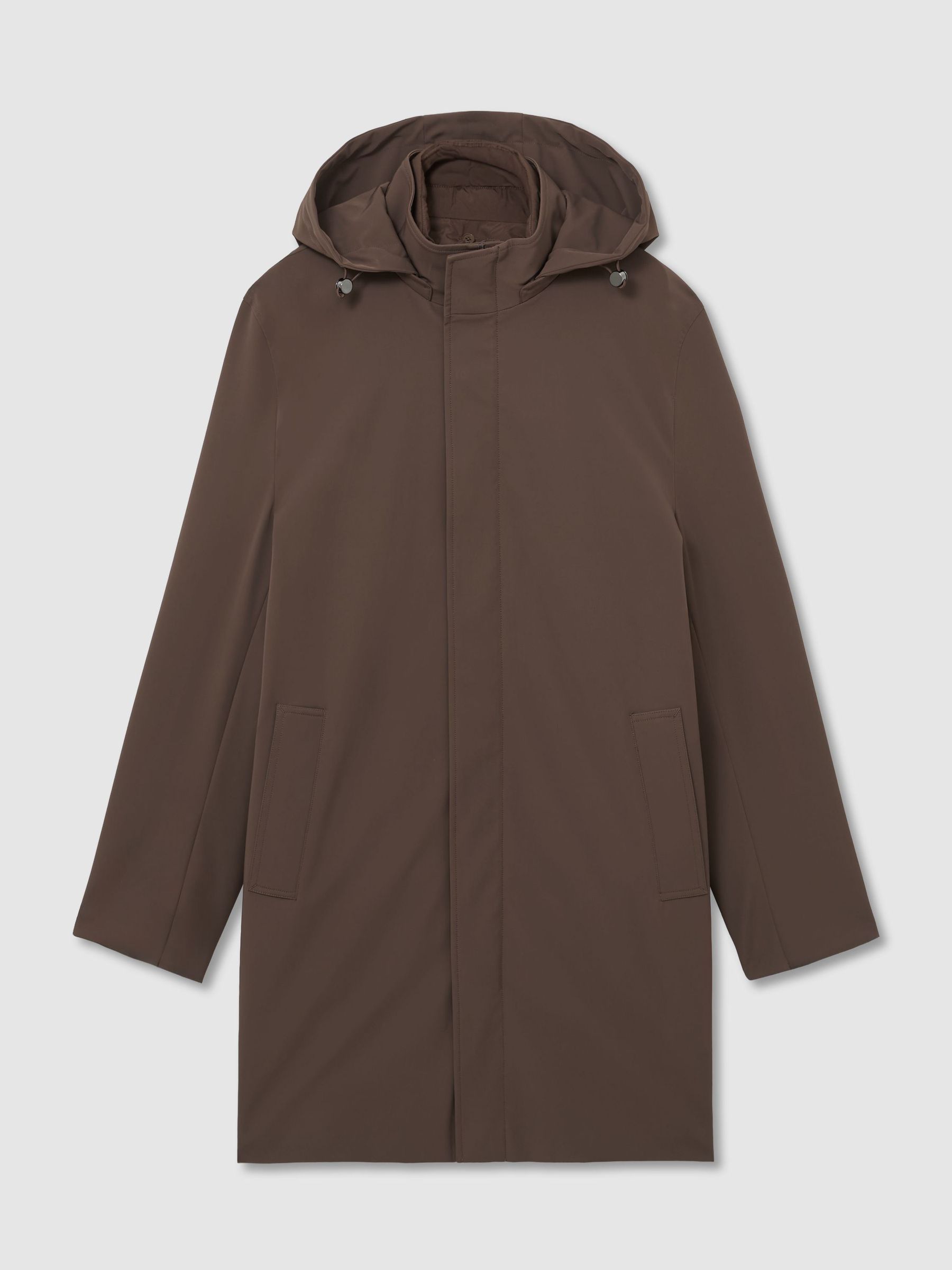 Hybrid Gilet-Insert Overcoat with Detachable Hood in Mocha Brown - Image 2 of 7