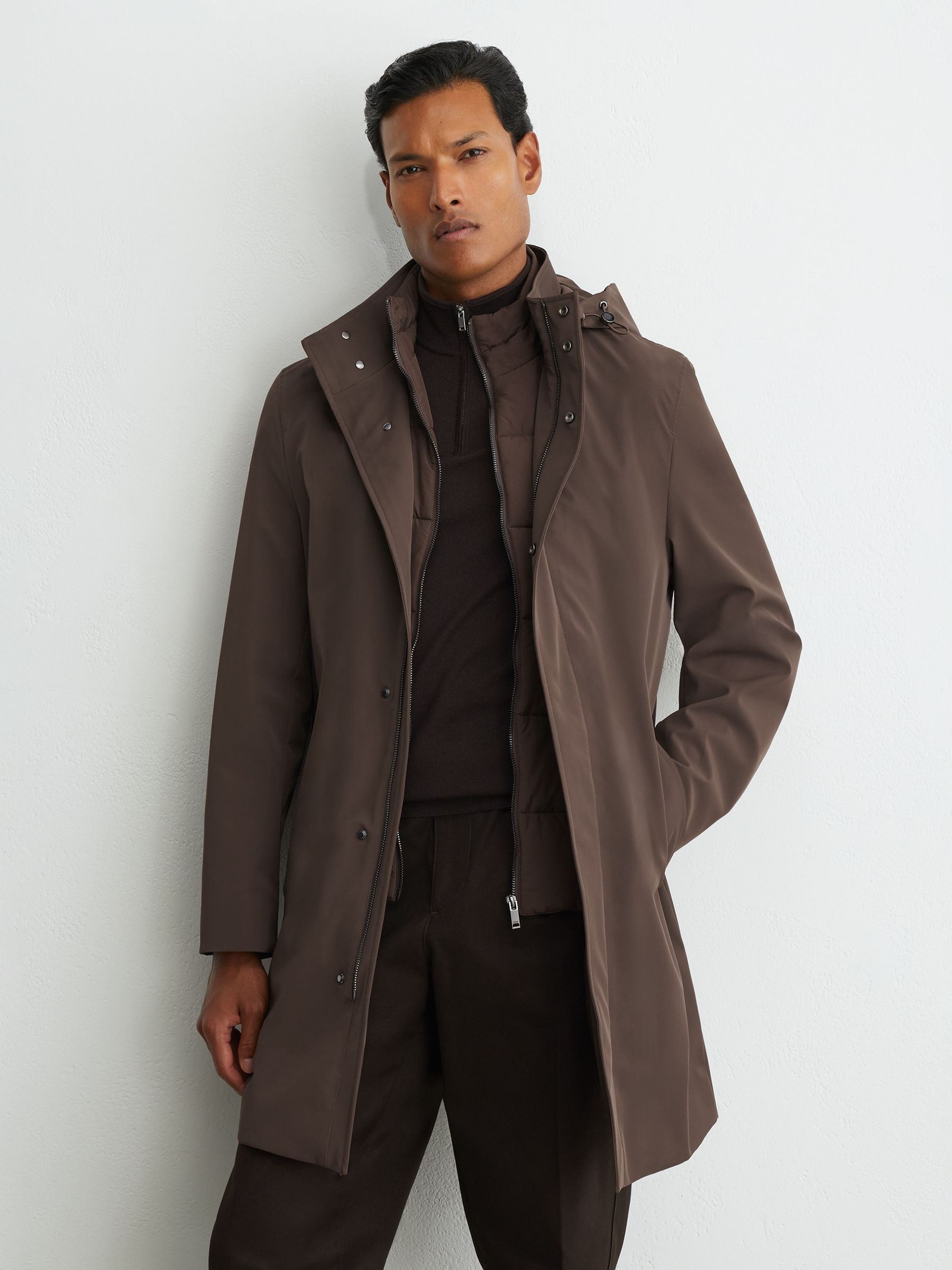Hybrid Gilet-Insert Overcoat with Detachable Hood in Mocha Brown - Image 3 of 7