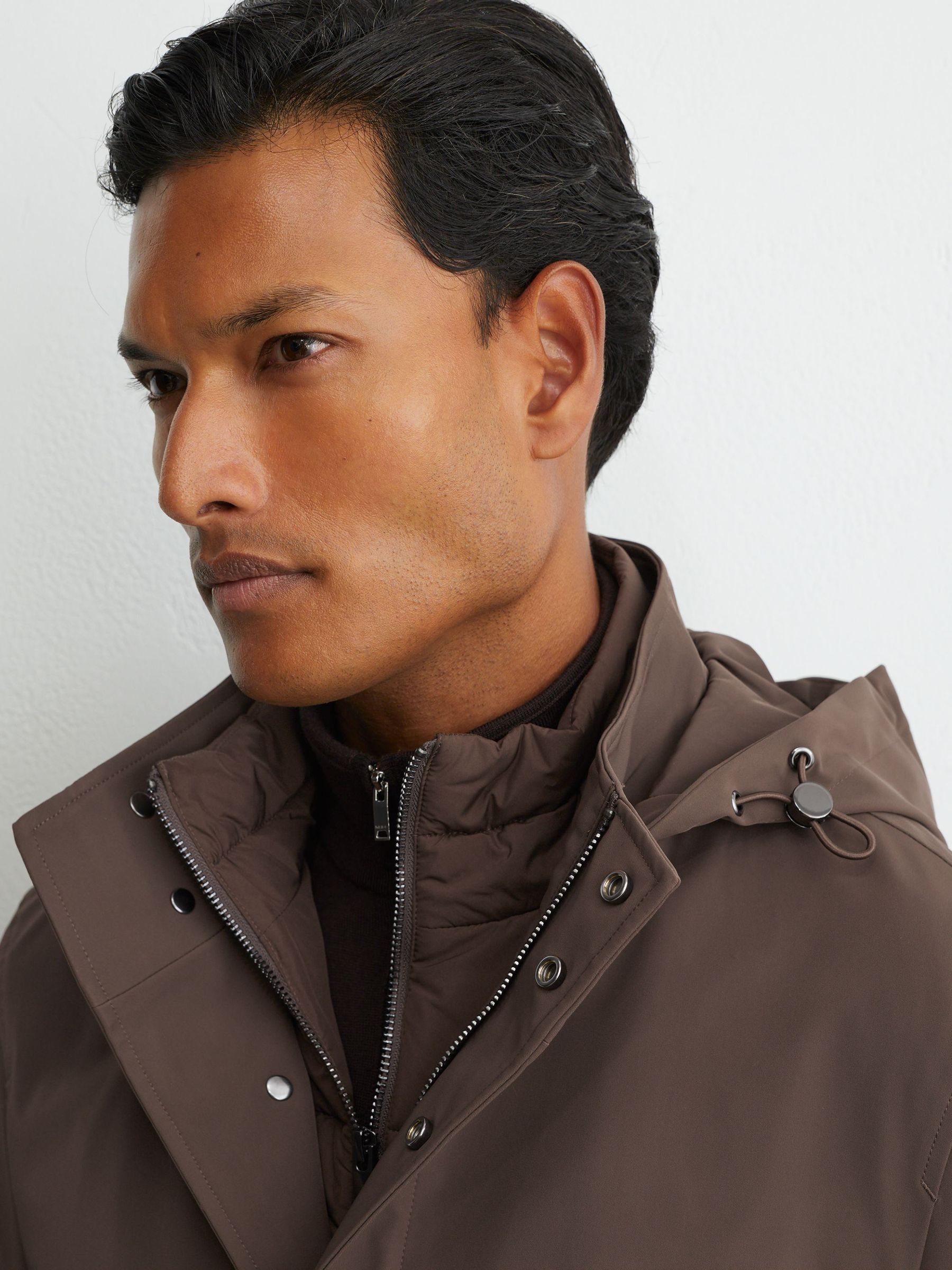 Hybrid Gilet-Insert Overcoat with Detachable Hood in Mocha Brown - Image 4 of 7