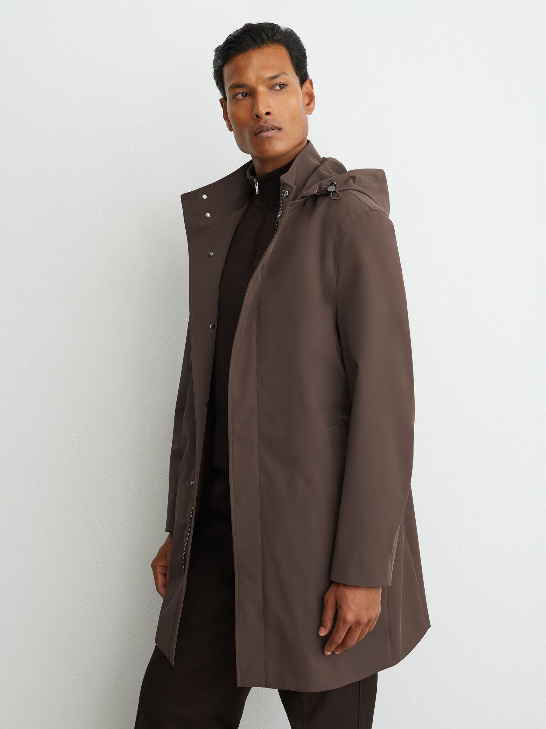 Hybrid Gilet-Insert Overcoat with Detachable Hood in Mocha Brown - Image 5 of 7