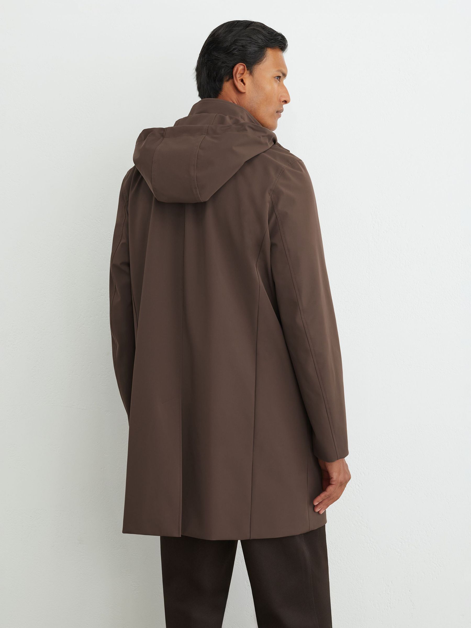 Hybrid Gilet-Insert Overcoat with Detachable Hood in Mocha Brown - Image 6 of 7
