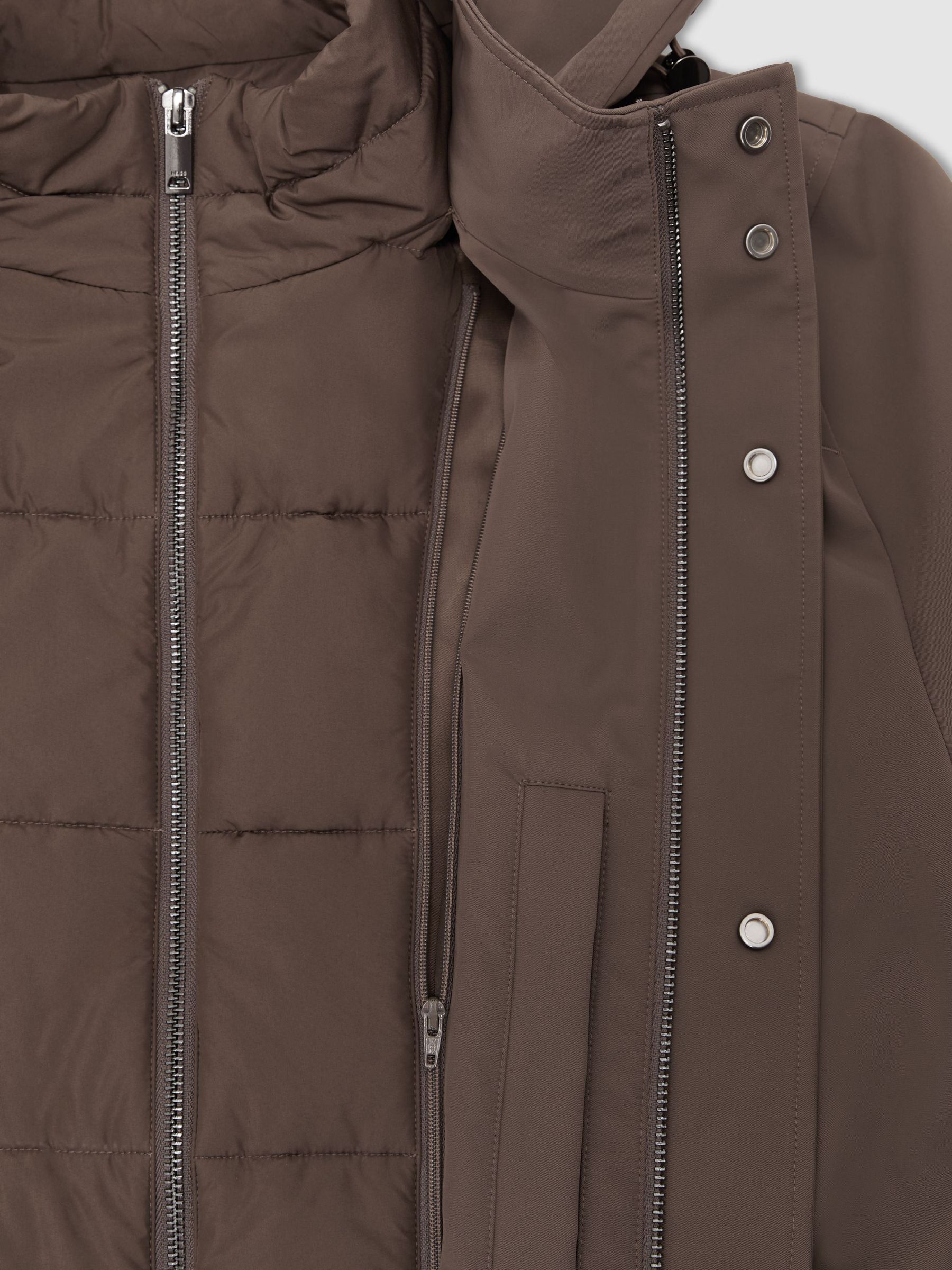 Hybrid Gilet-Insert Overcoat with Detachable Hood in Mocha Brown - Image 7 of 7
