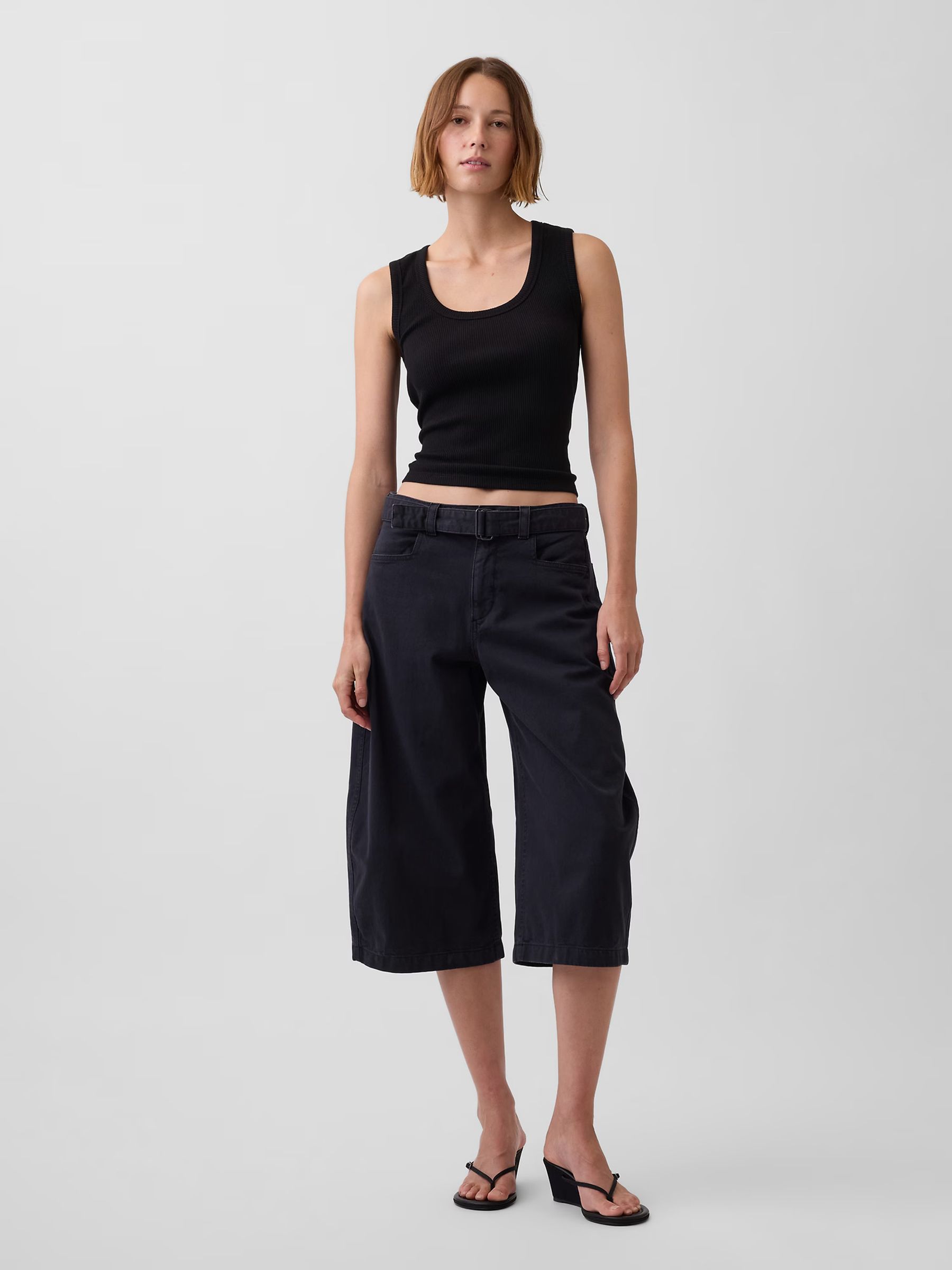 Black Mid Rise Belted Culotte Barrel Trousers - Image 1 of 5