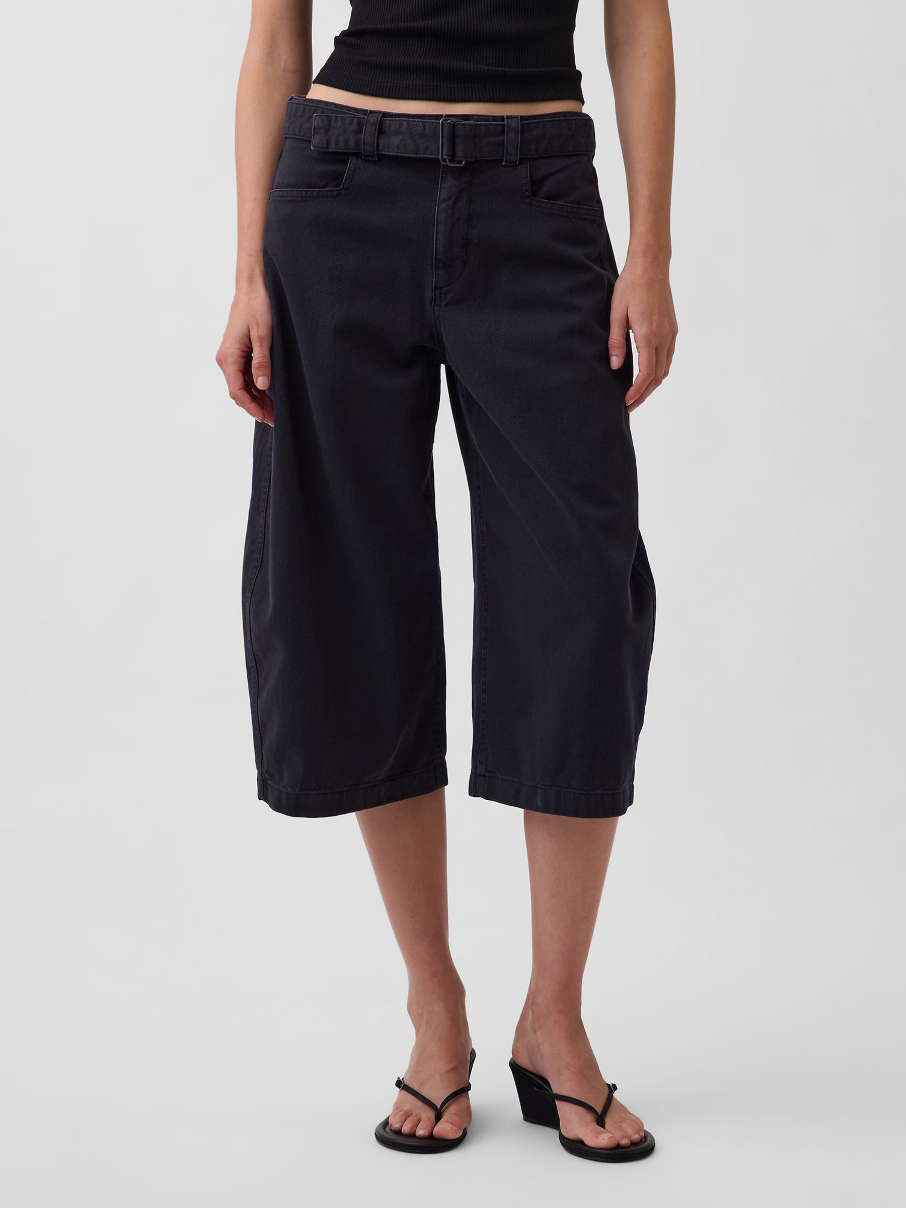 Black Mid Rise Belted Culotte Barrel Trousers - Image 2 of 5
