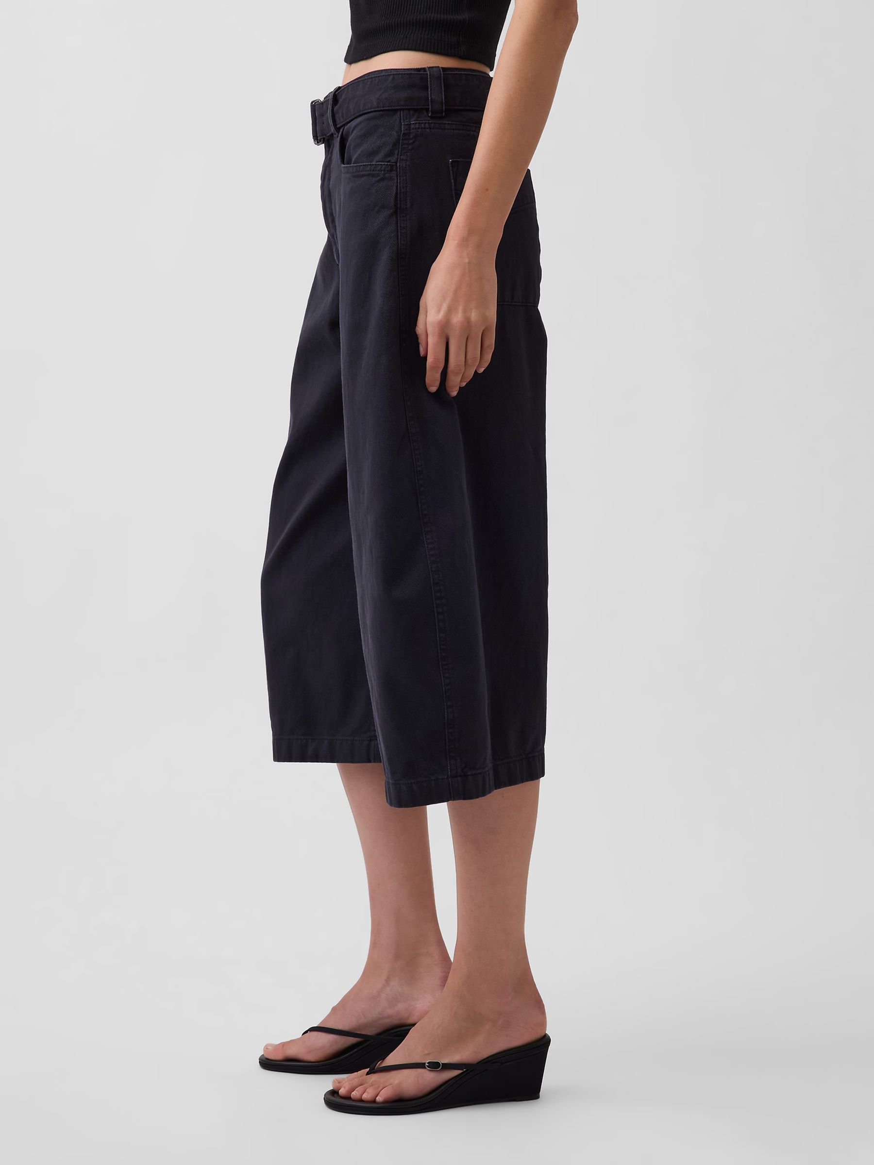 Black Mid Rise Belted Culotte Barrel Trousers - Image 3 of 5