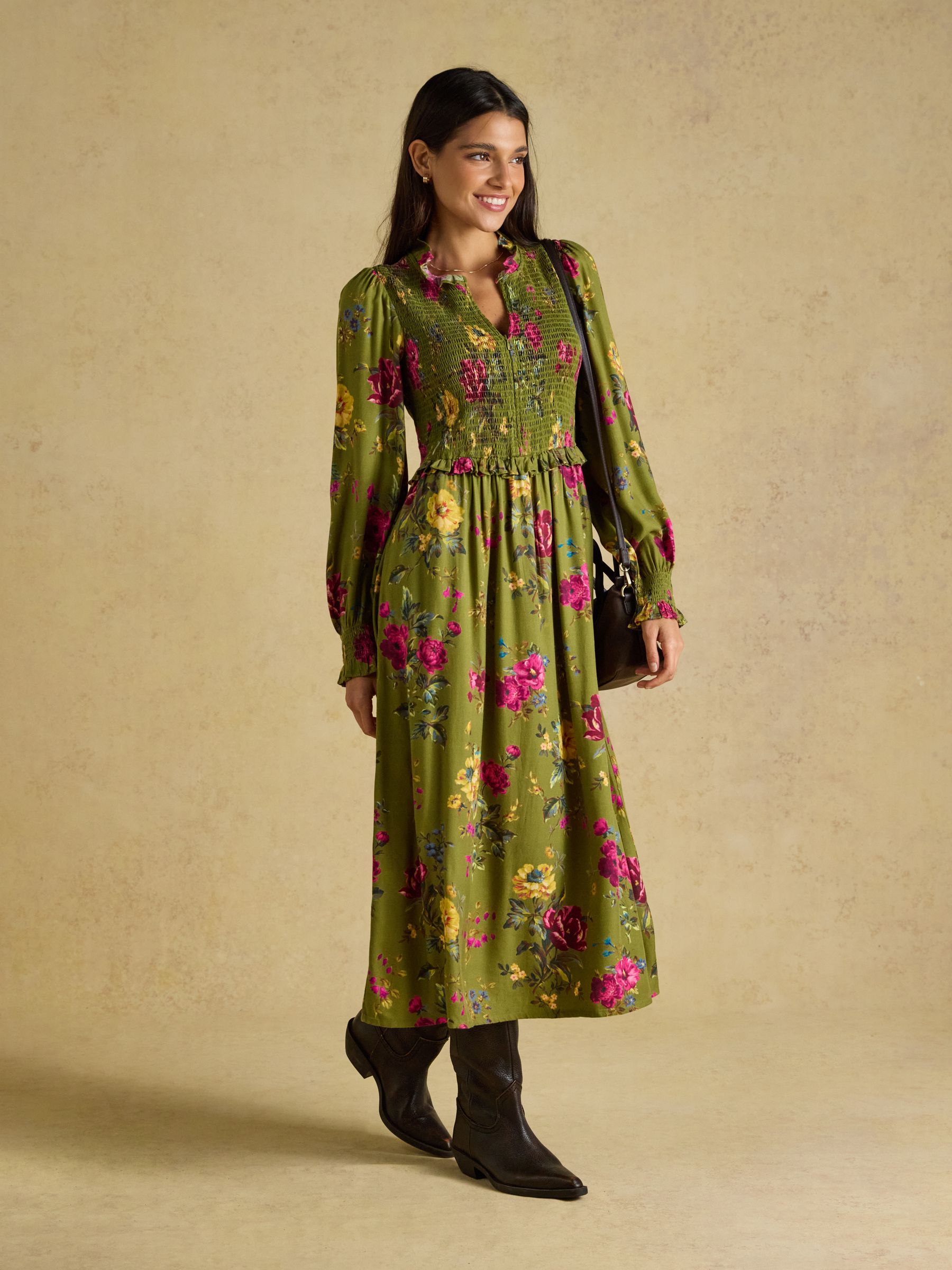 Emilie Green Floral Smocked Midi Dress - Image 1 of 8