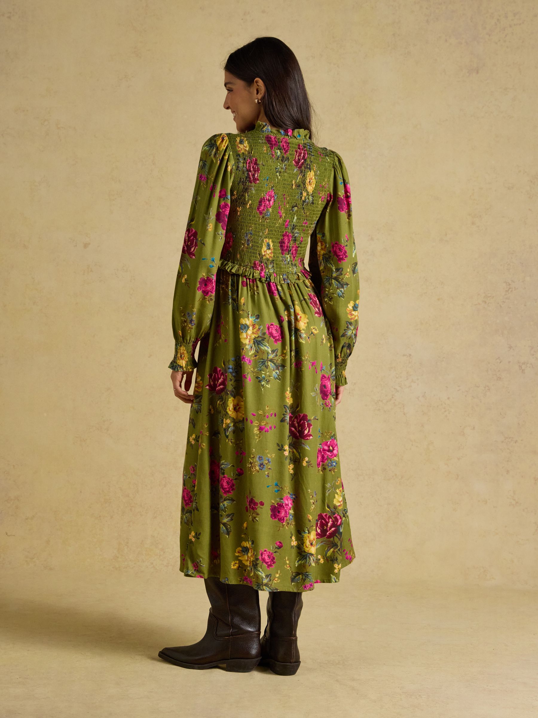 Emilie Green Floral Smocked Midi Dress - Image 2 of 8