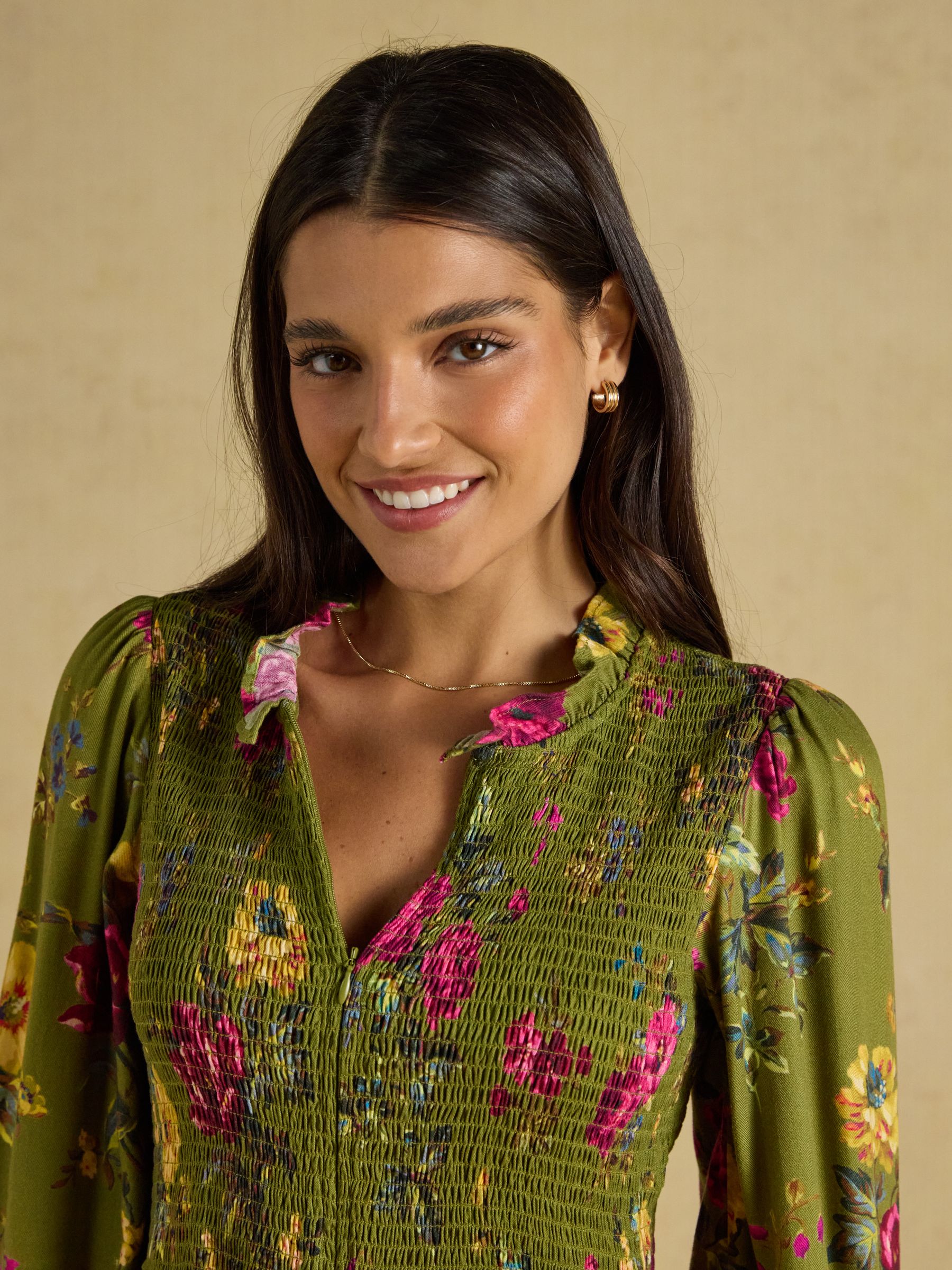 Emilie Green Floral Smocked Midi Dress - Image 3 of 8