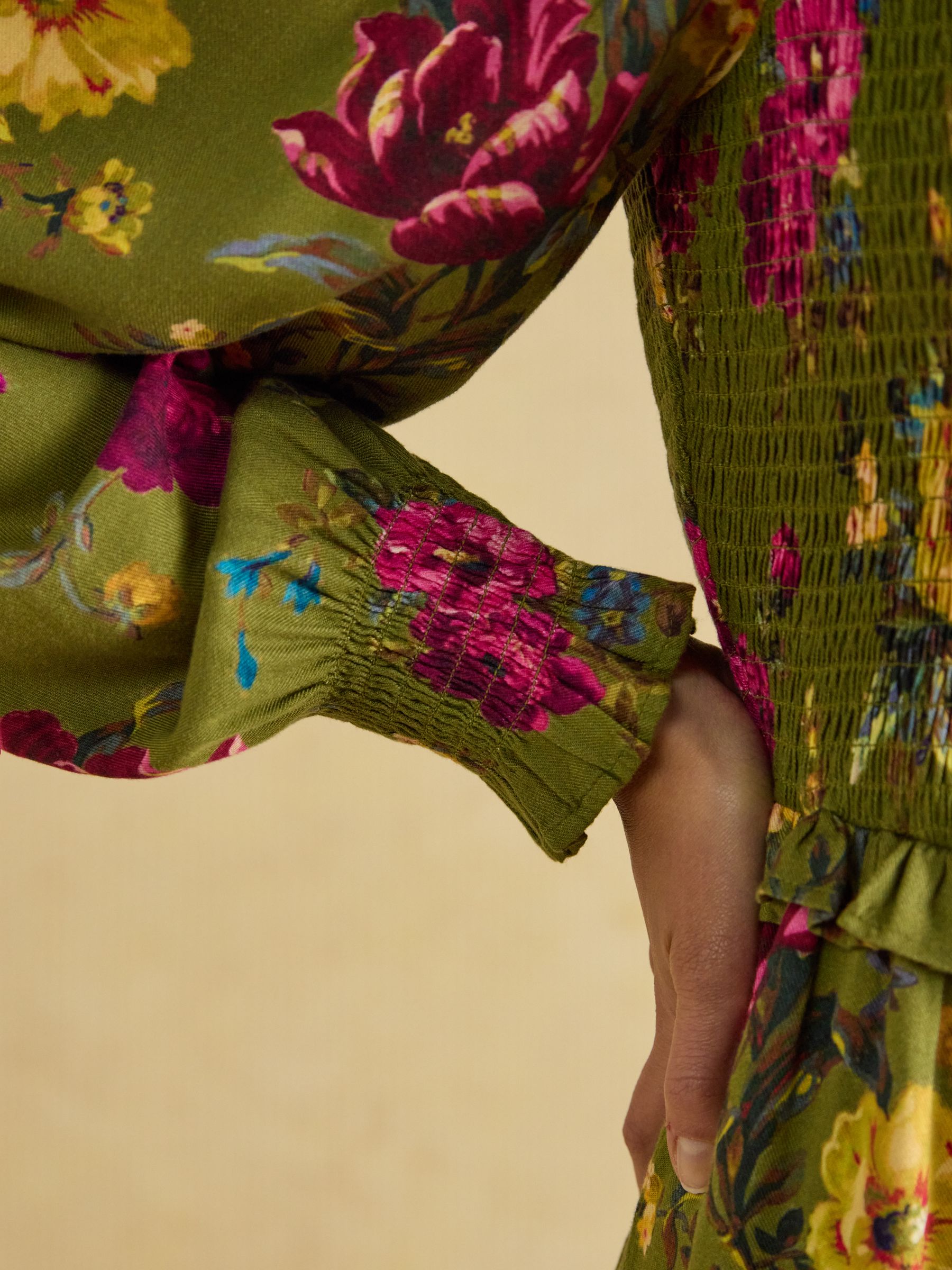 Emilie Green Floral Smocked Midi Dress - Image 4 of 8