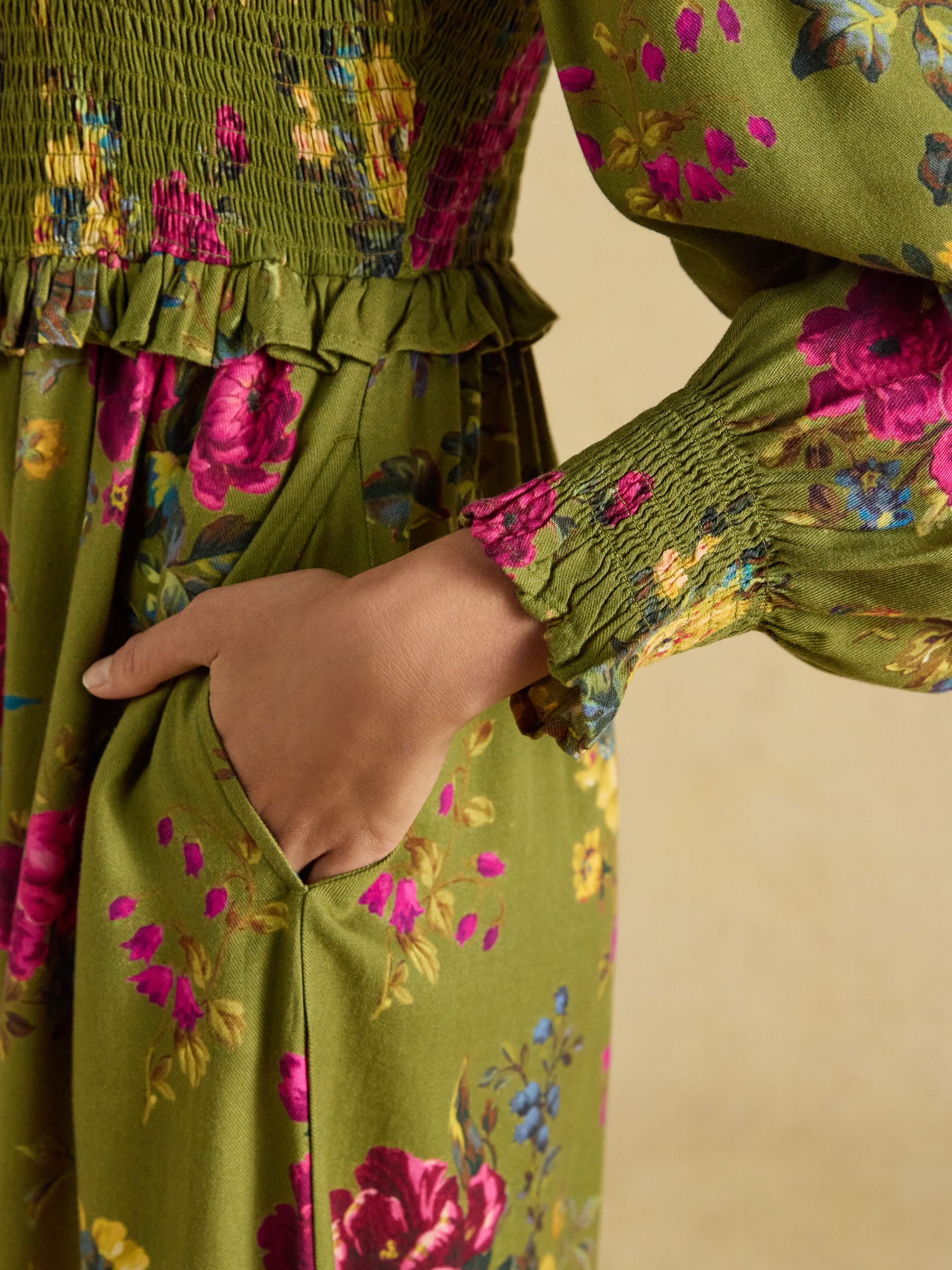 Emilie Green Floral Smocked Midi Dress - Image 7 of 8