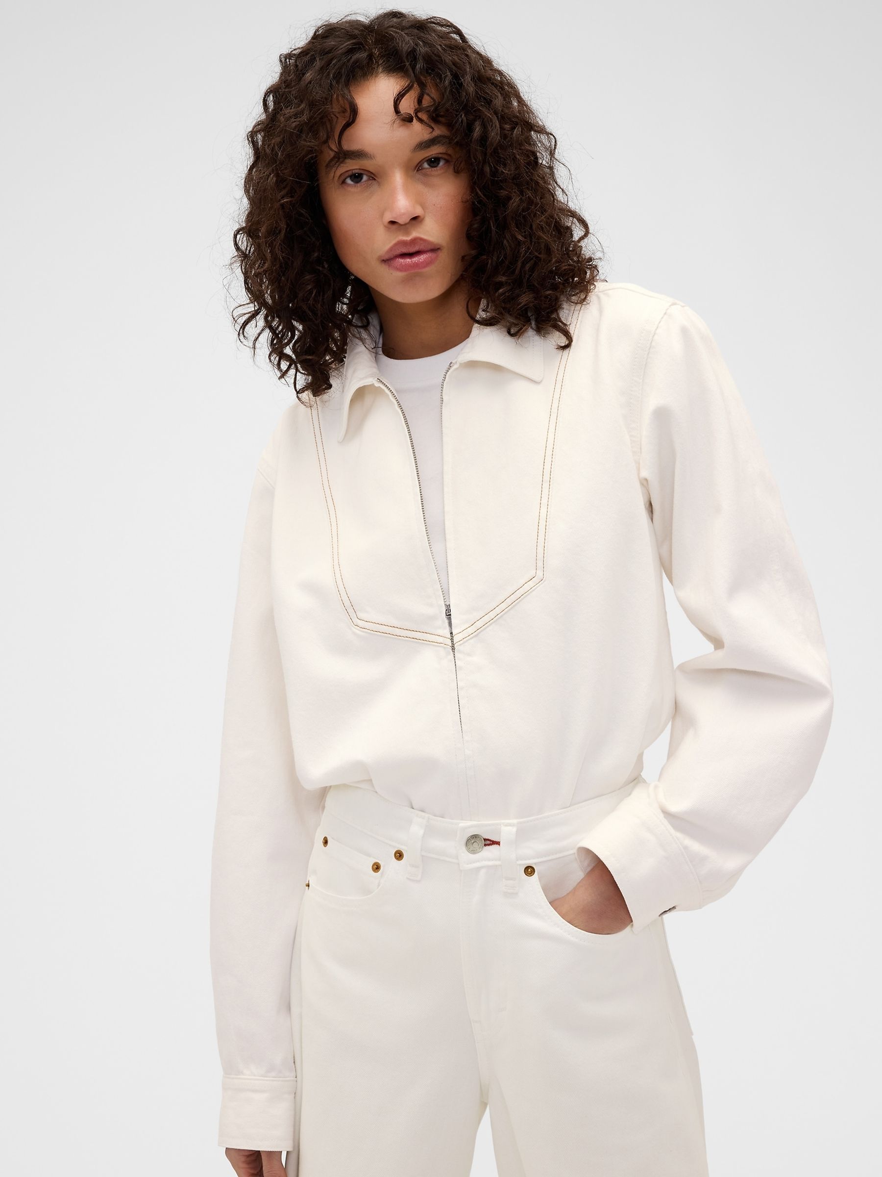 Gap x Victoria Beckham White Denim Zip Shirt - Image 1 of 6