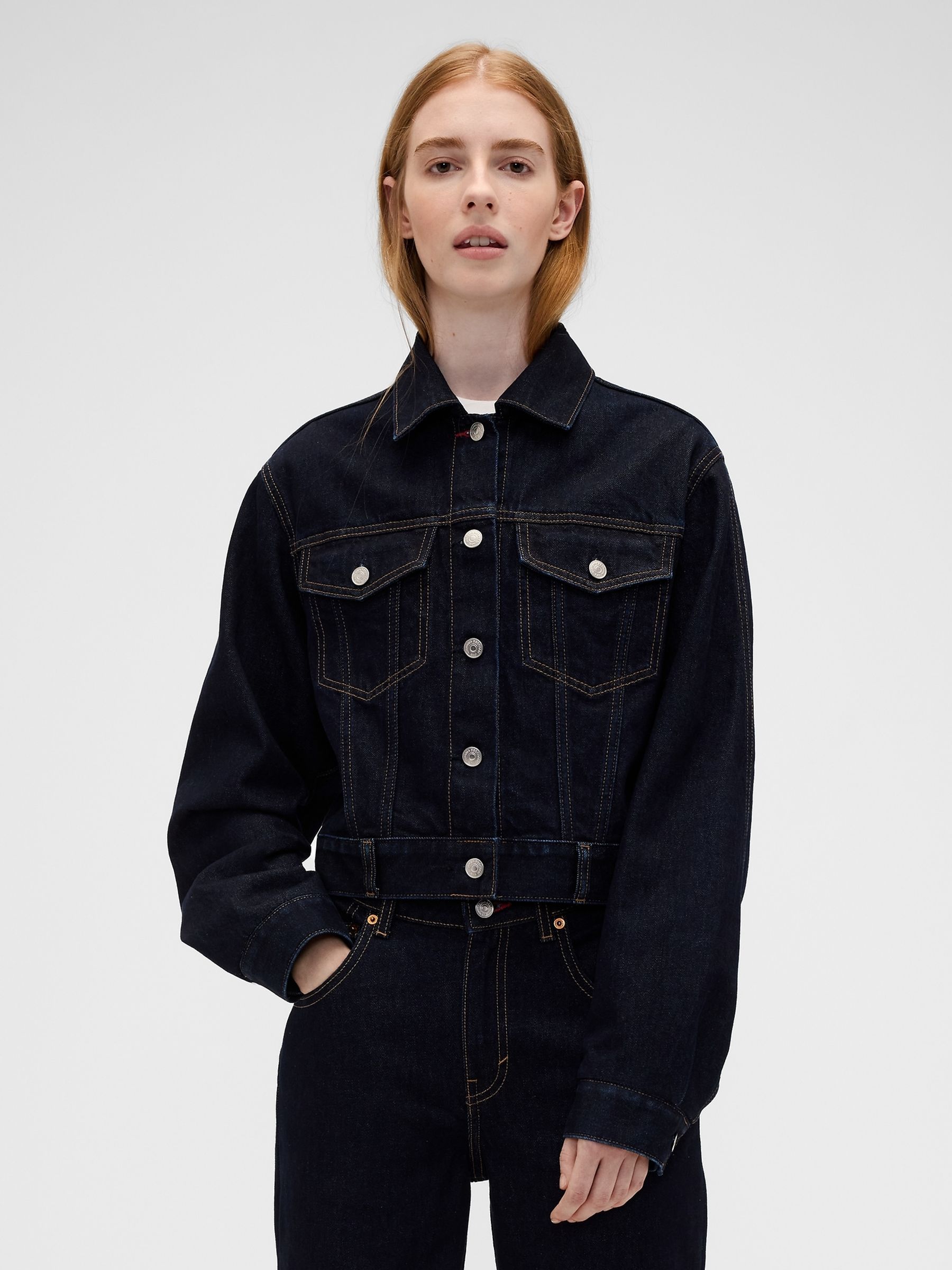 Gap x Victoria Beckham Dark Wash Blue Relaxed Crop Denim Jacket - Image 1 of 5