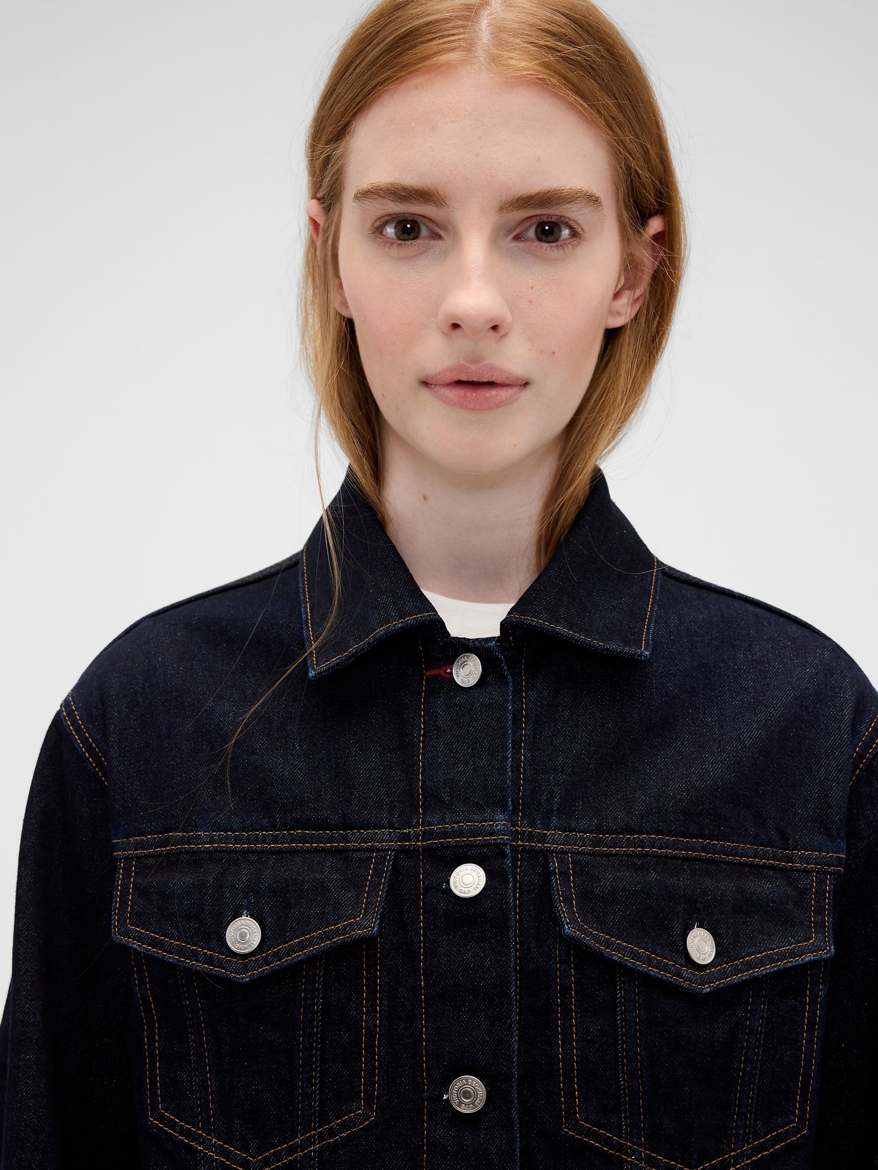 Gap x Victoria Beckham Dark Wash Blue Relaxed Crop Denim Jacket - Image 3 of 5