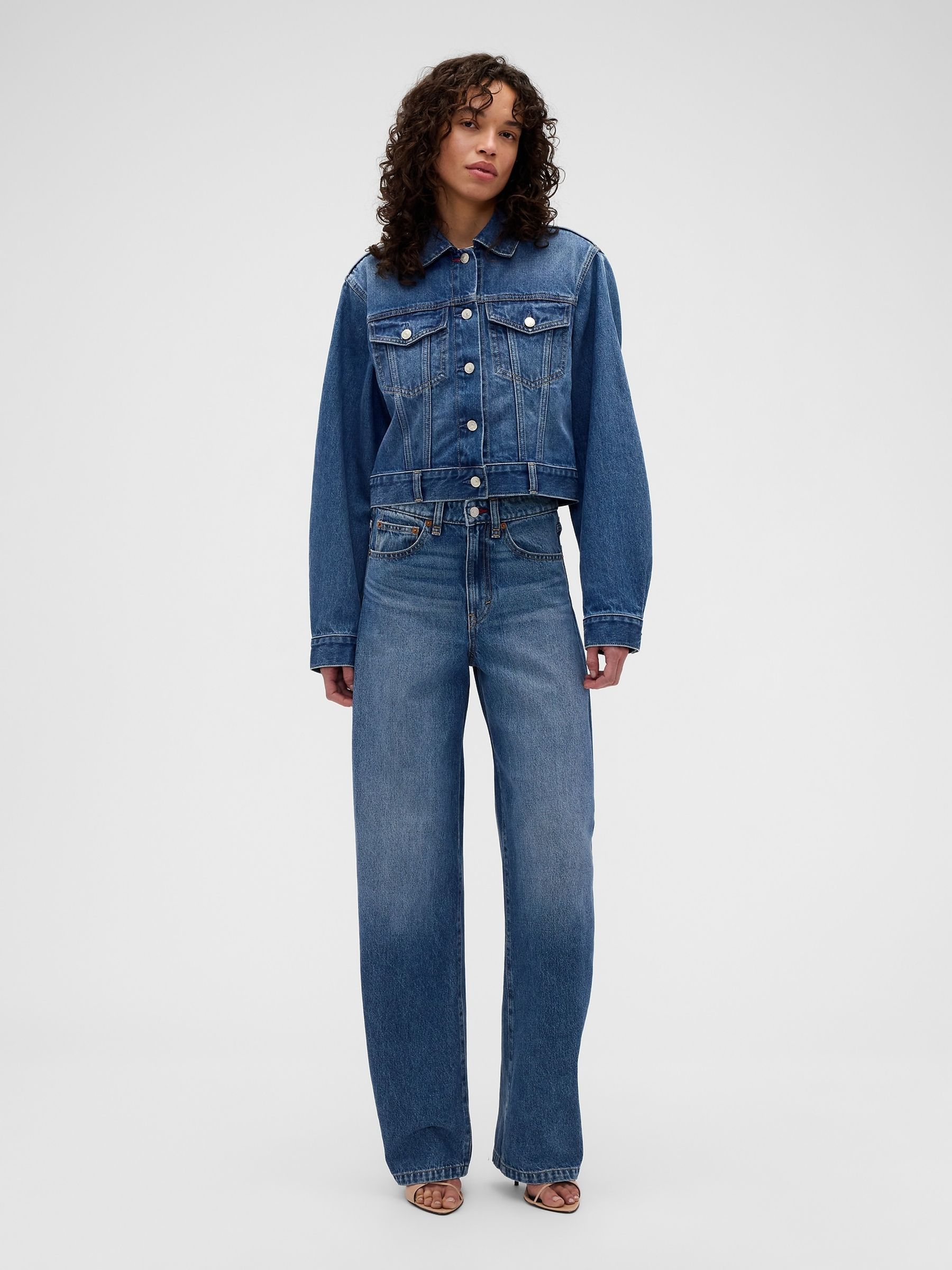 Gap x Victoria Beckham Mid Wash Blue Relaxed Crop Denim Jacket - Image 1 of 6