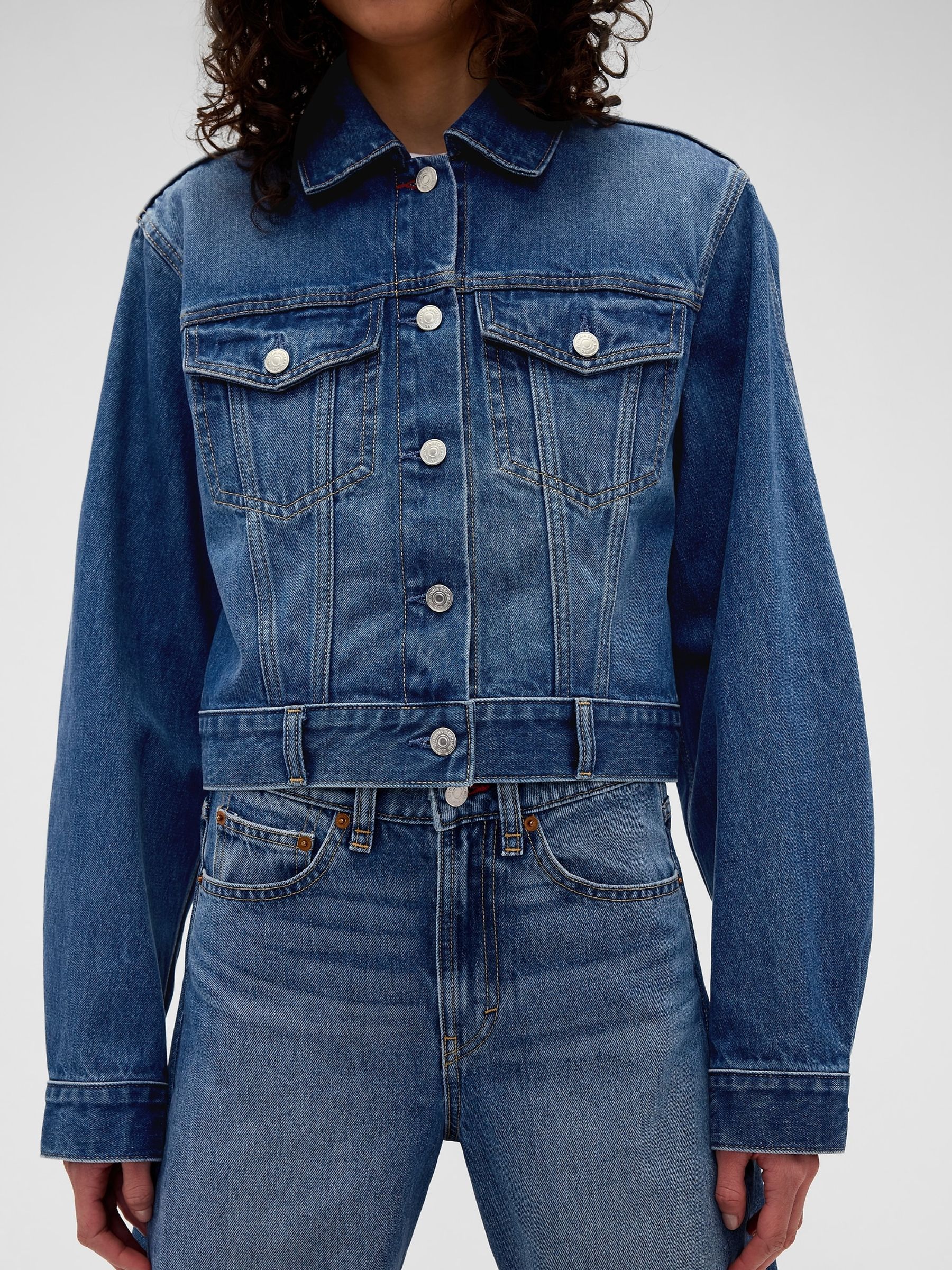 Gap x Victoria Beckham Mid Wash Blue Relaxed Crop Denim Jacket | Gap