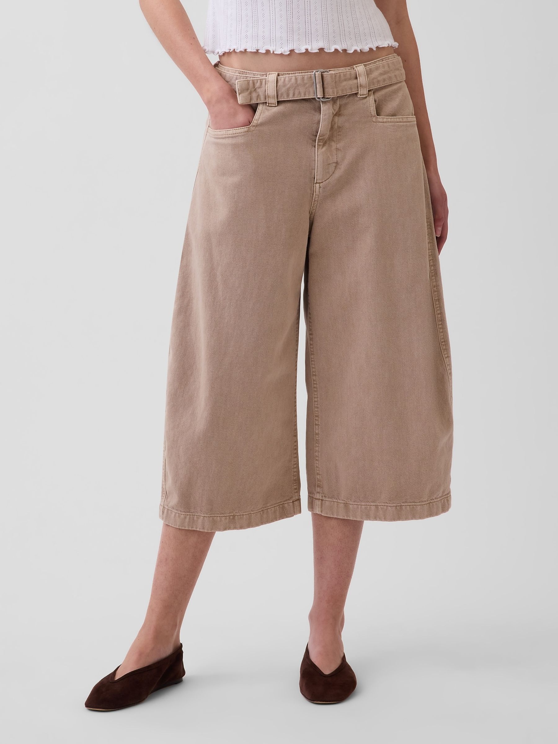 Beige Mid Rise Belted Culotte Barrel Trousers - Image 1 of 5