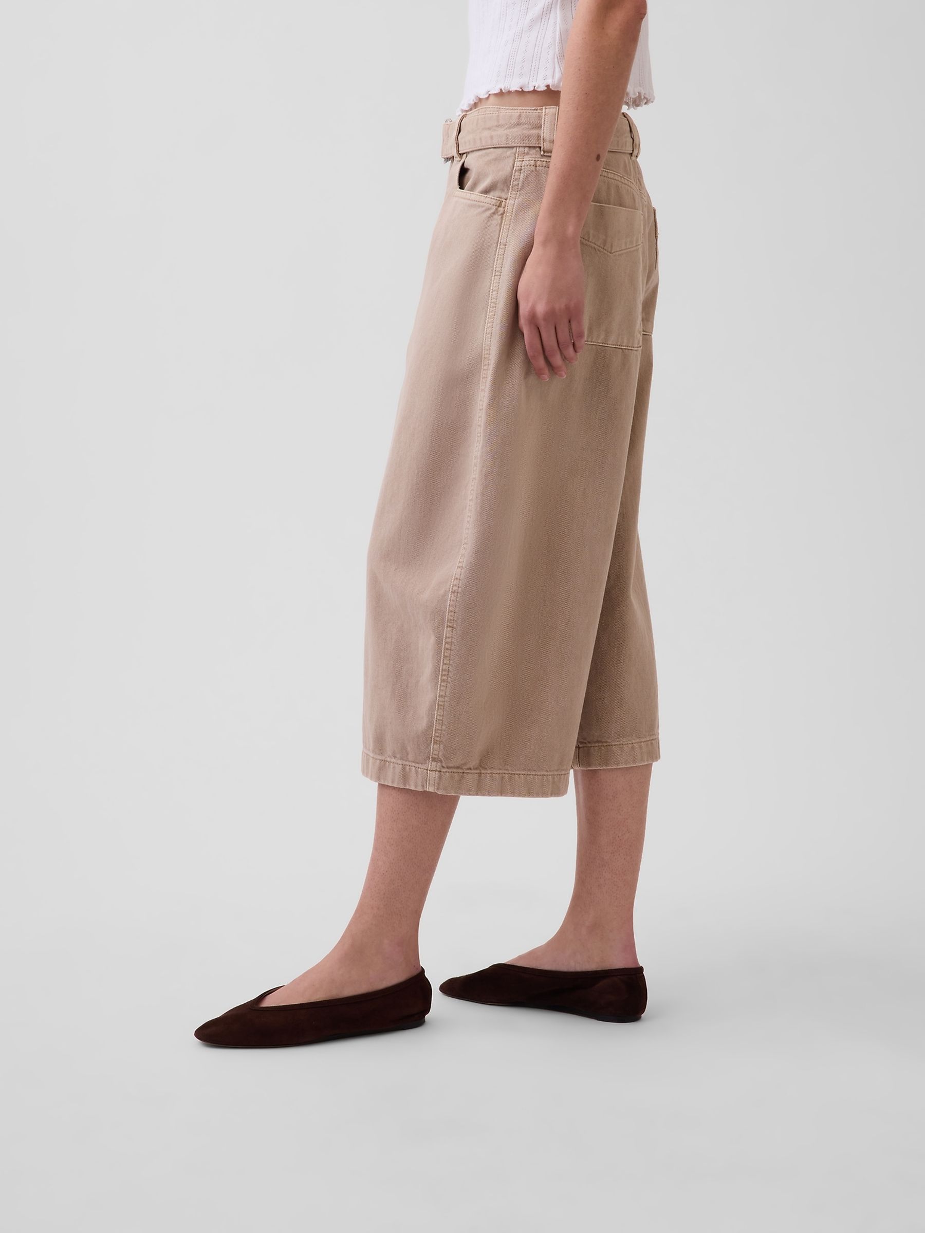 Beige Mid Rise Belted Culotte Barrel Trousers - Image 3 of 5